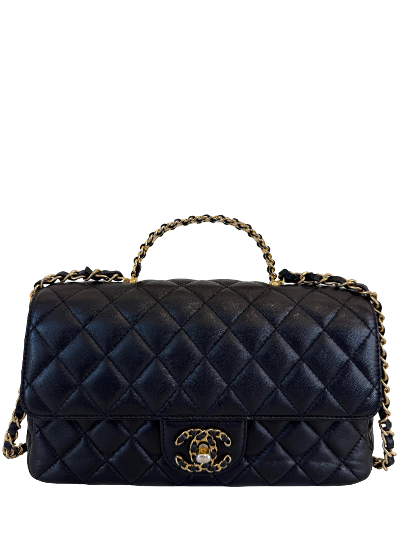 Chanel Lambskin Quilted Small Strass On Top Flap Bag Black