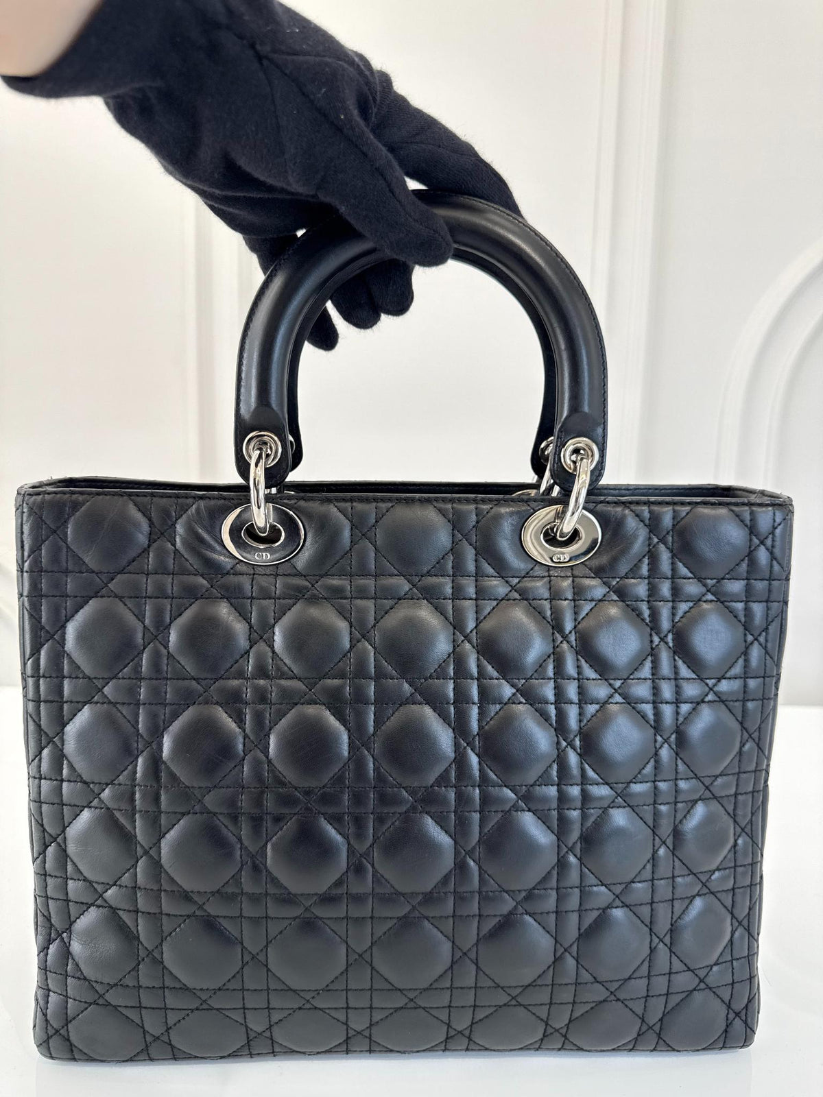Christian Dior Large Lady Dior Black Cannage Lambskin Handbag