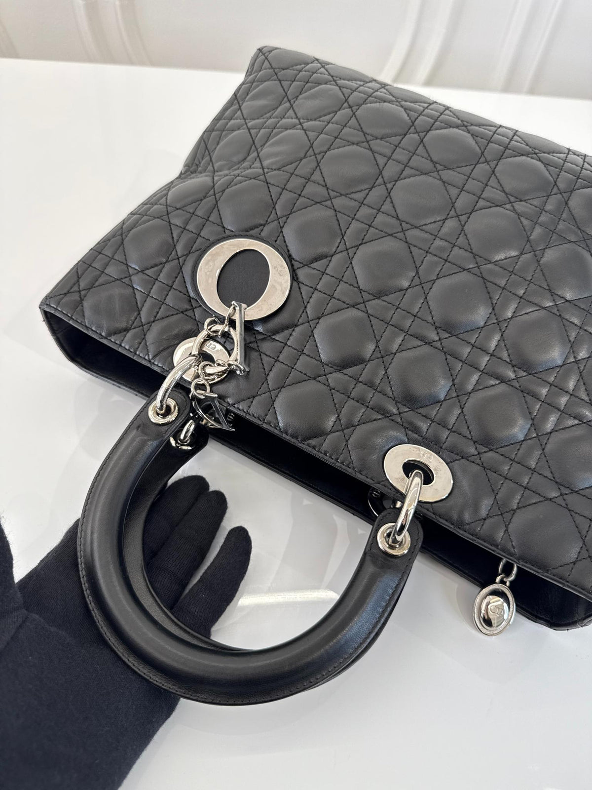 Christian Dior Large Lady Dior Black Cannage Lambskin Handbag