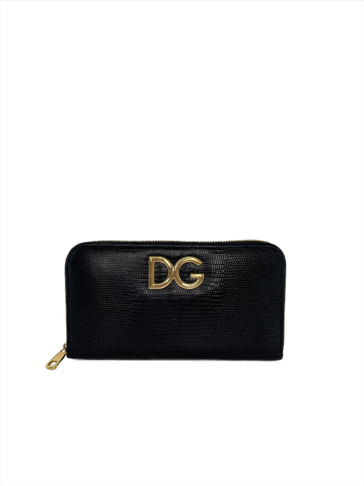 Dolce & Gabbana Black Lizard Embossed Leather Zip Around Wallet