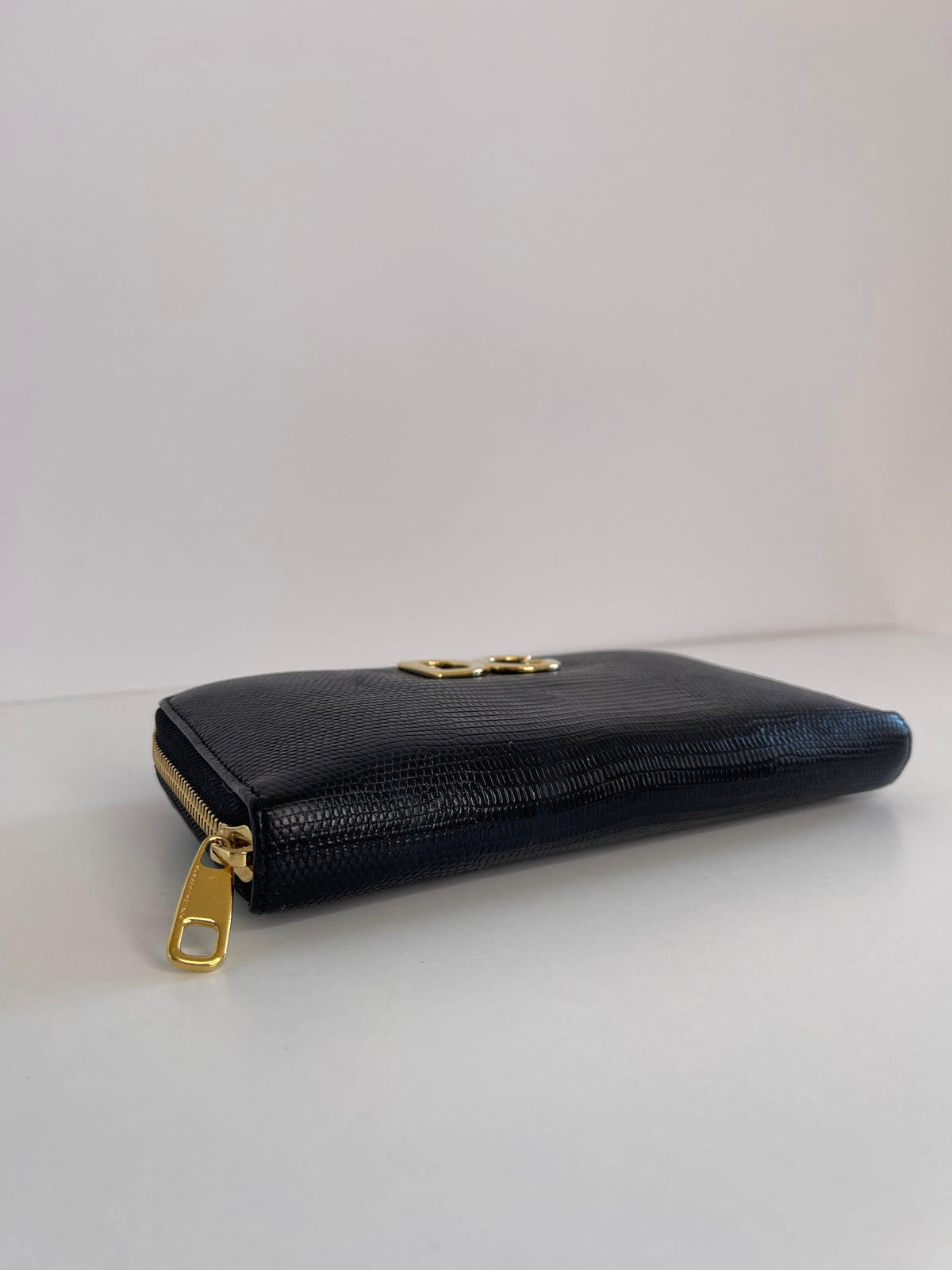 Dolce & Gabbana Black Lizard Embossed Leather Zip Around Wallet