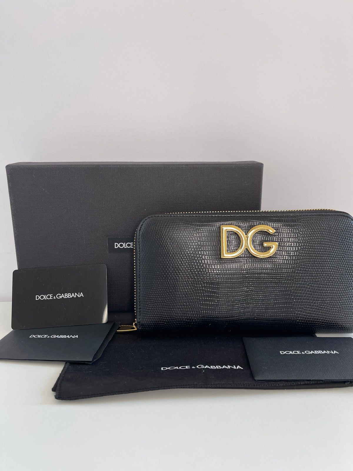Dolce & Gabbana Black Lizard Embossed Leather Zip Around Wallet