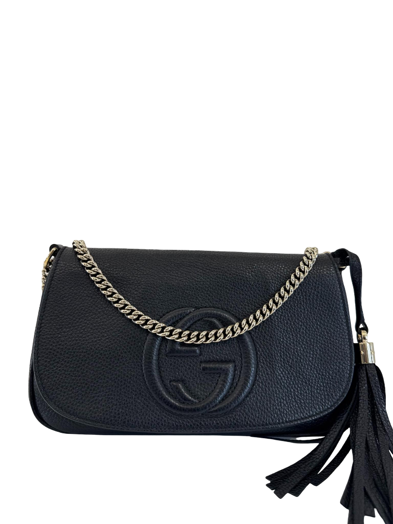 Gucci Black Leather Soho Chain Flap Crossbody Bag