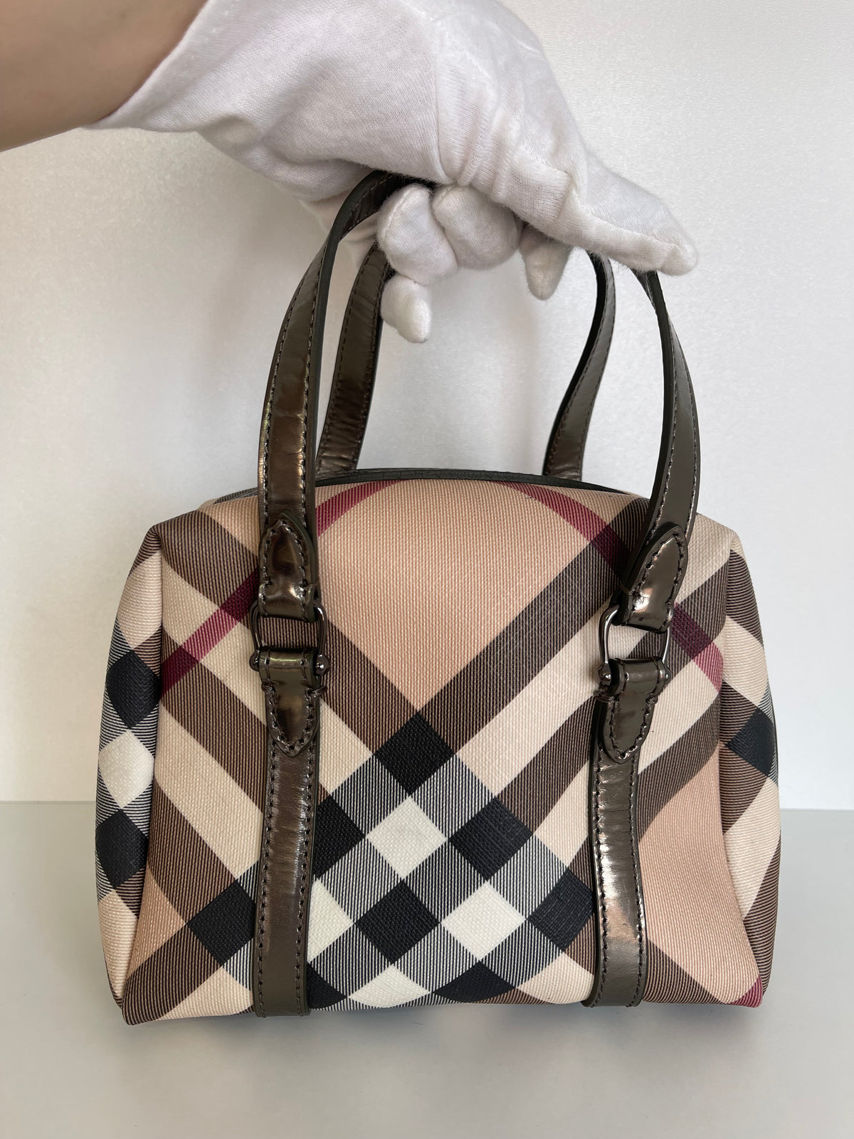 Burberry Top Handle Nova Check Canvas Mini Silvery