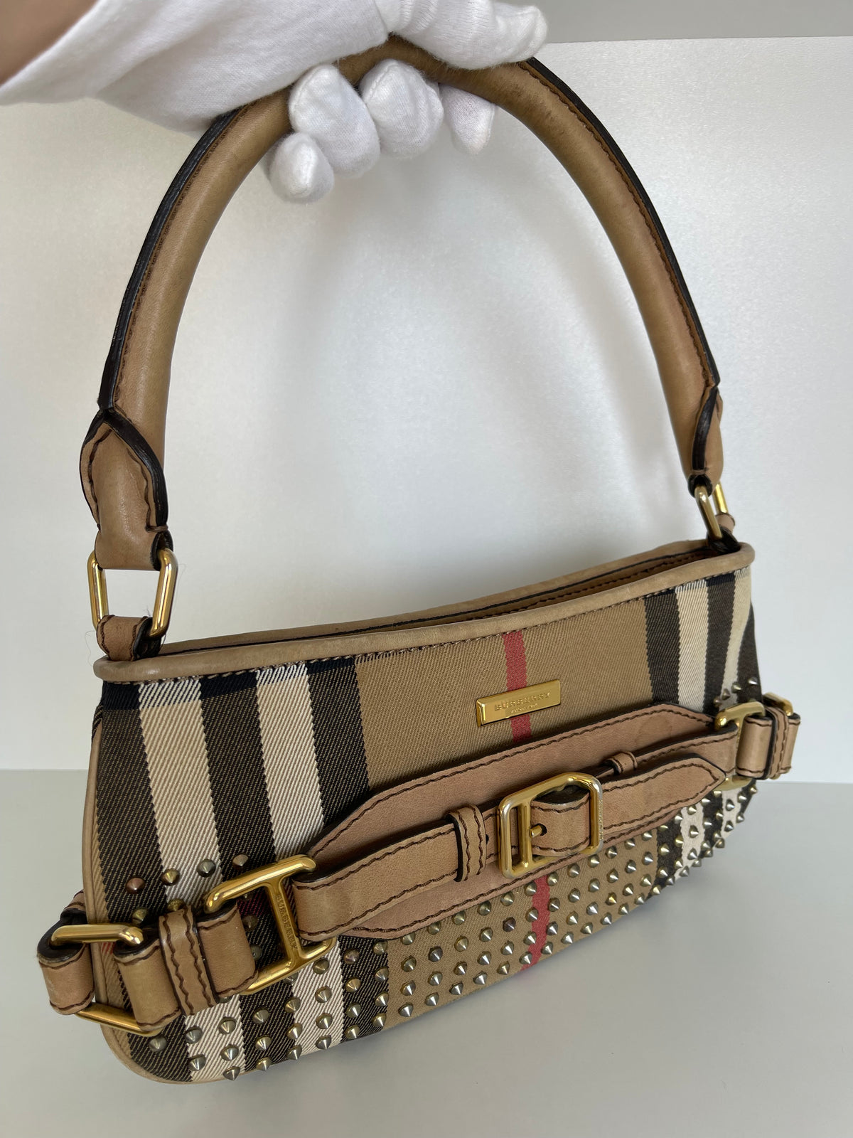 Burberry Beige Nova Check Canvas and Leather Studded Shoulder Bag