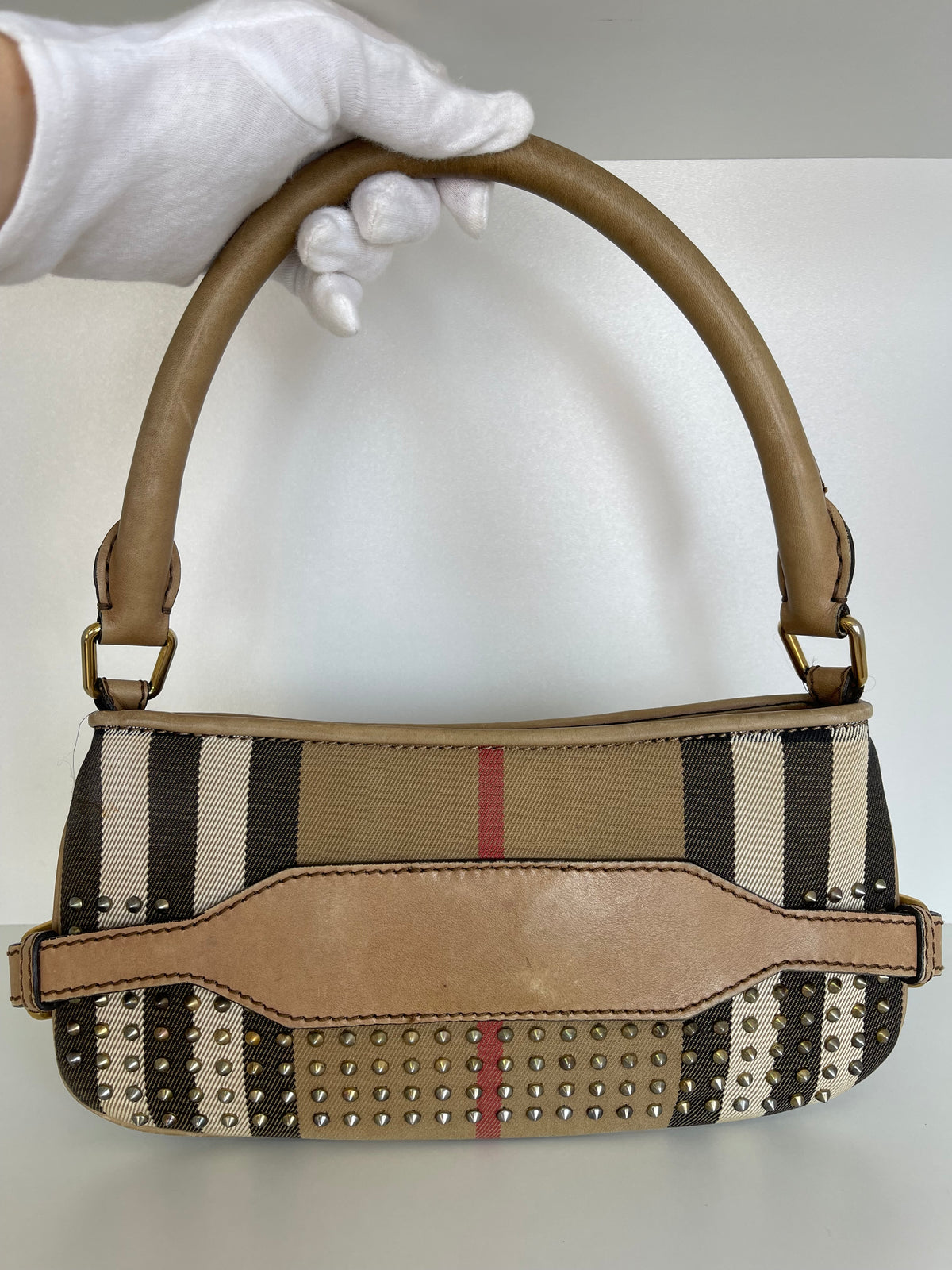 Burberry Beige Nova Check Canvas and Leather Studded Shoulder Bag