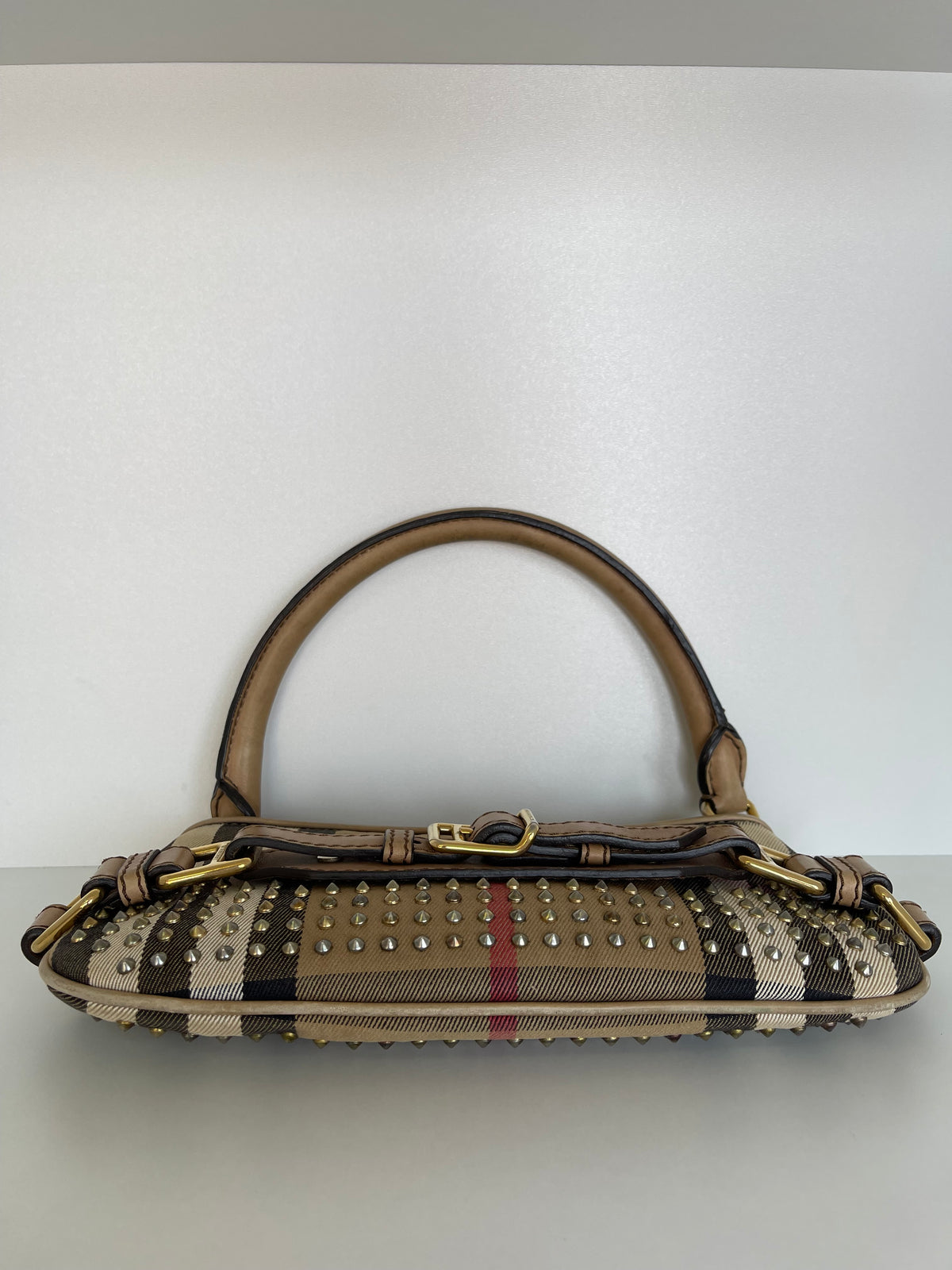 Burberry Beige Nova Check Canvas and Leather Studded Shoulder Bag