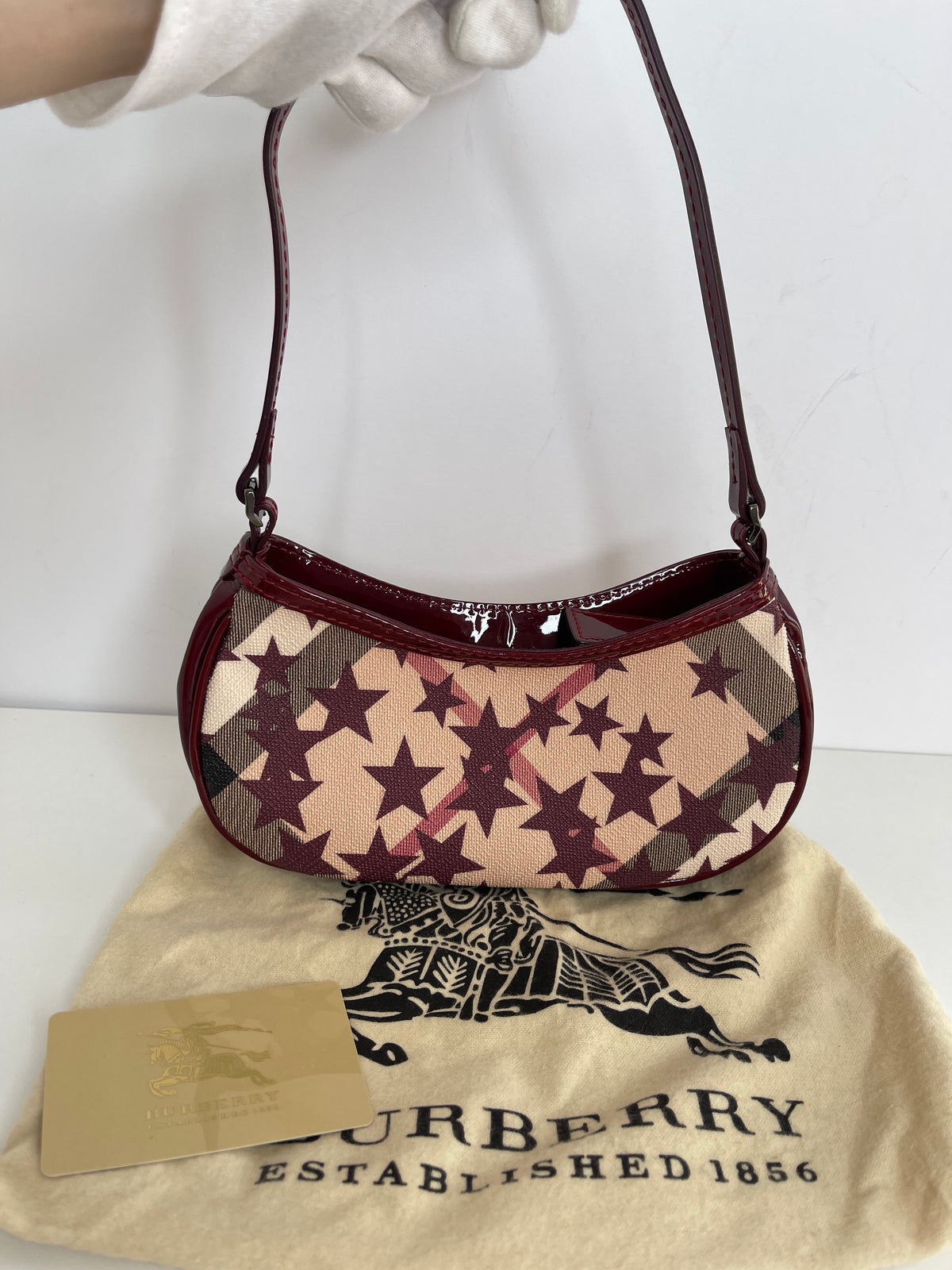 Burberry Pochette Nova Stars Mini Canvas Patent Leather Gunmetal Burgundy/Beige