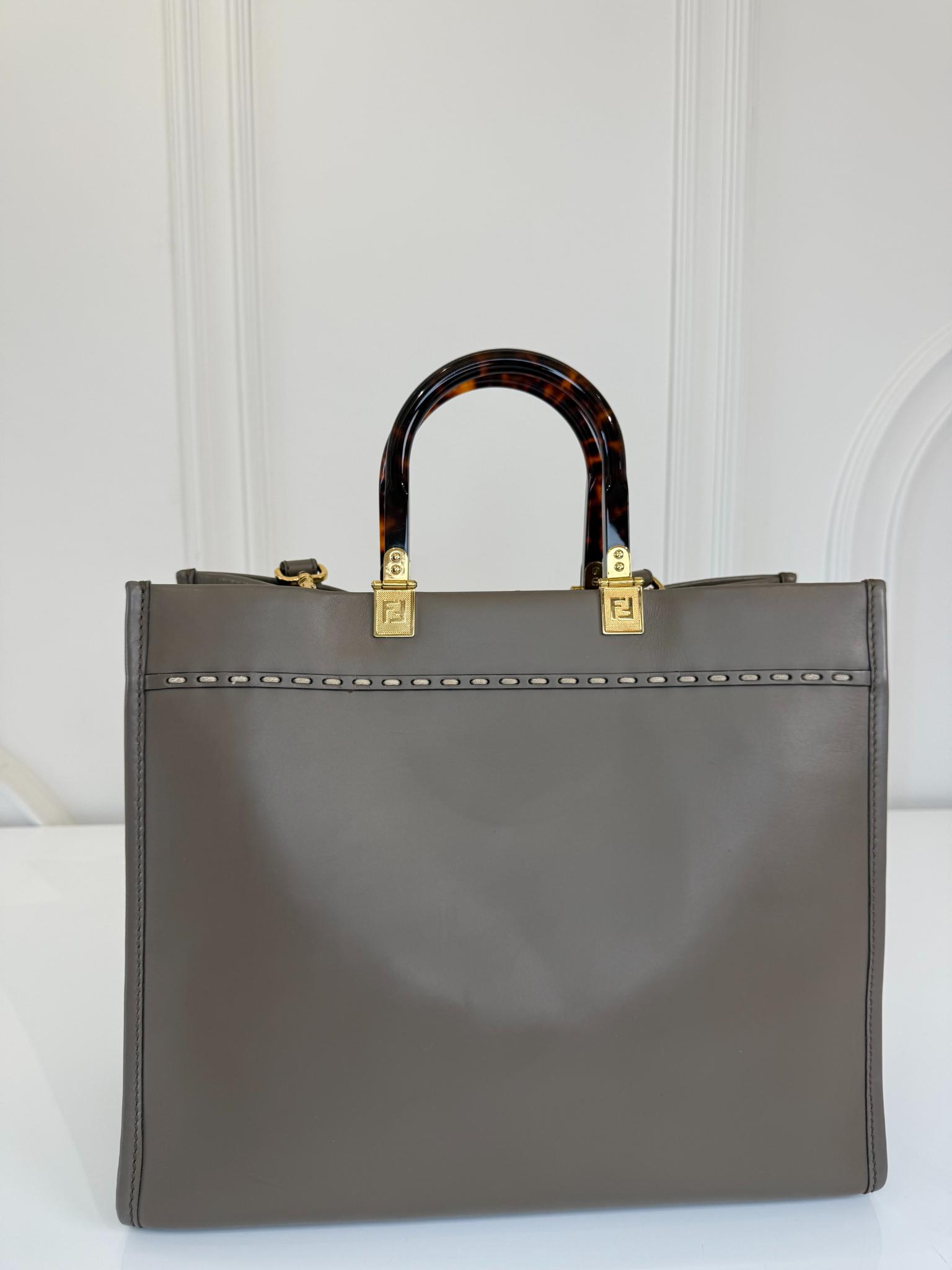 Fendi Dark Beige Leather/Snakeskin Medium Sunshine Tote Bag