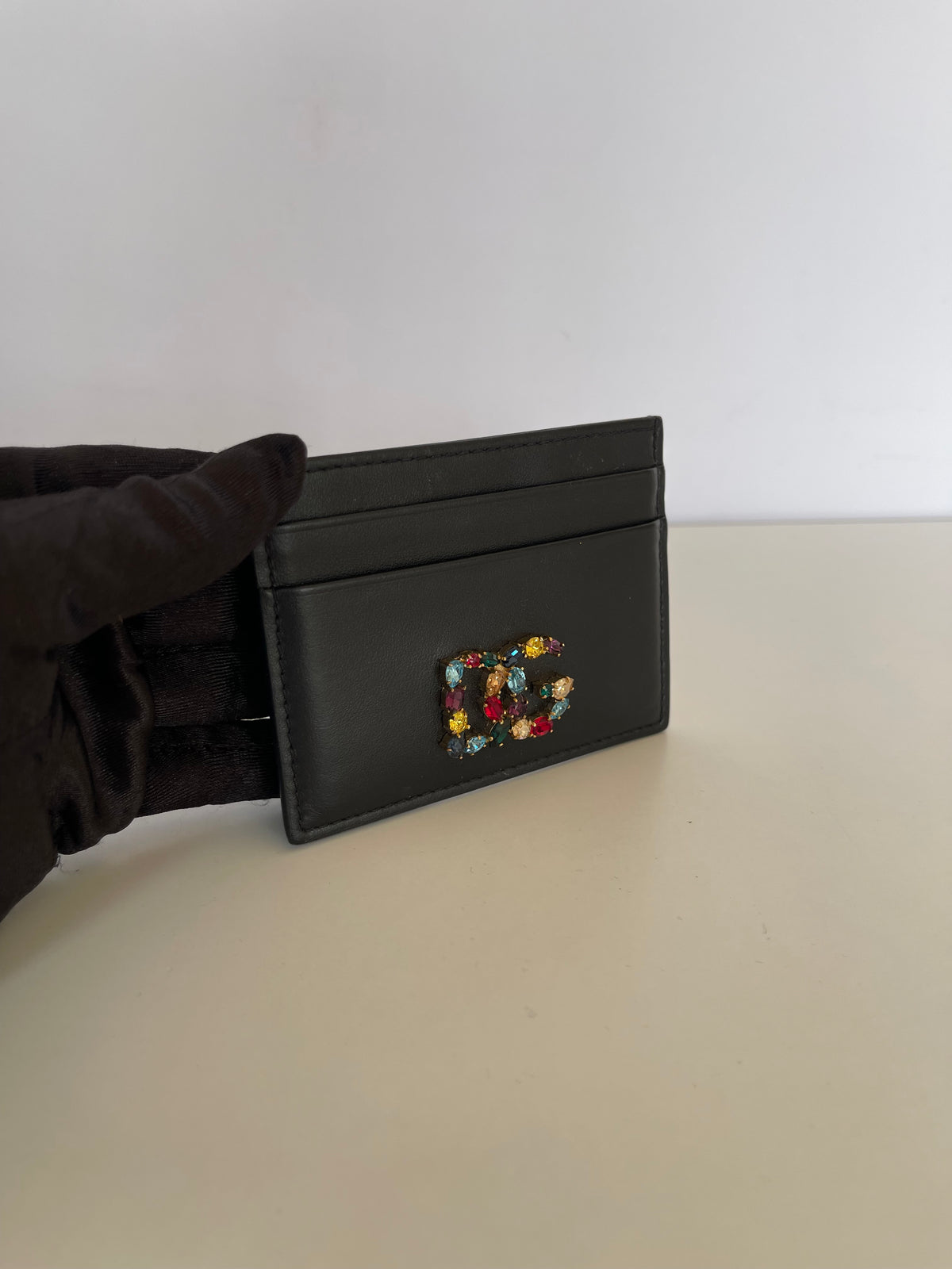 Dolce Gabbana Card Holder With DG Crystal Logo in Black Leather