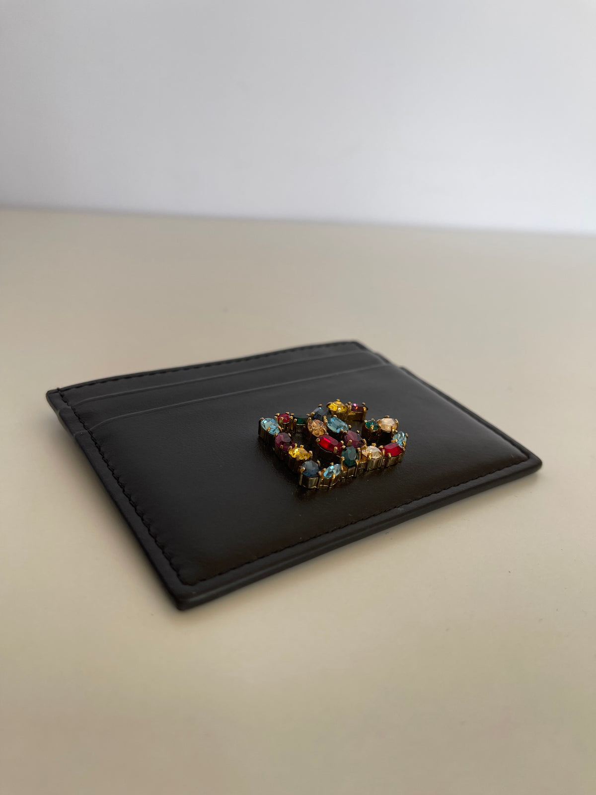 Dolce Gabbana Card Holder With DG Crystal Logo in Black Leather
