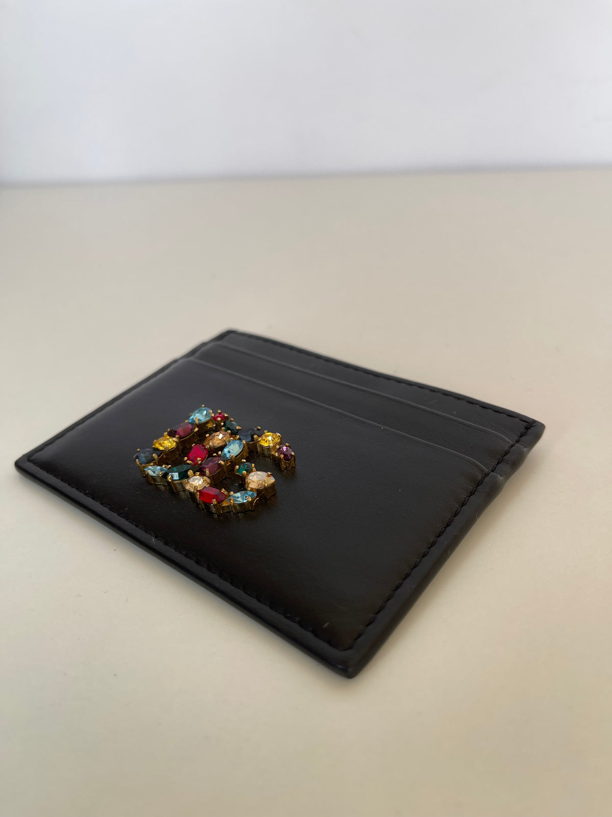Dolce Gabbana Card Holder With DG Crystal Logo in Black Leather