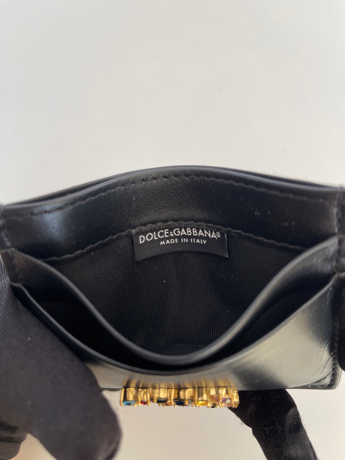 Dolce Gabbana Card Holder With DG Crystal Logo in Black Leather