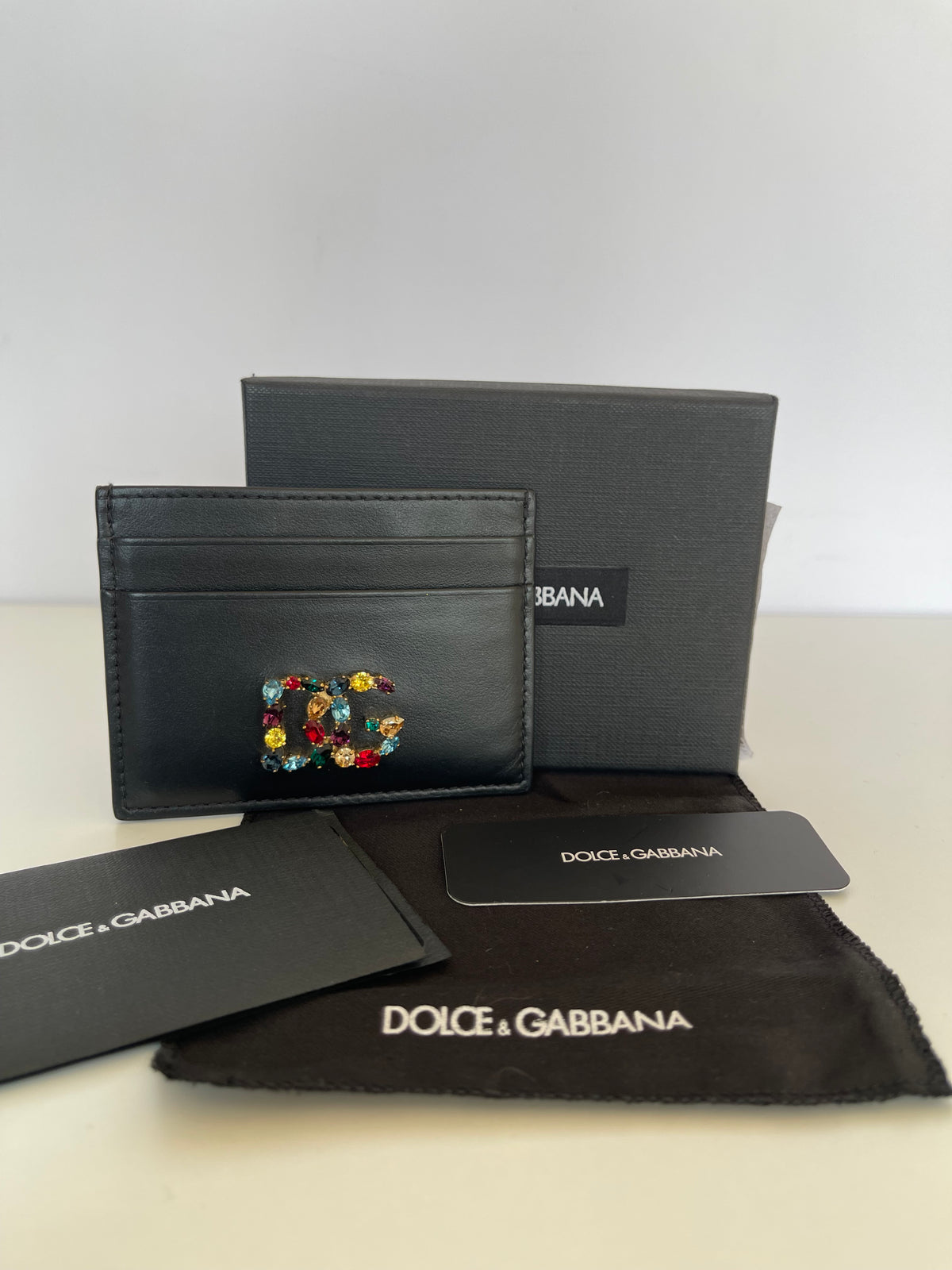 Dolce Gabbana Card Holder With DG Crystal Logo in Black Leather