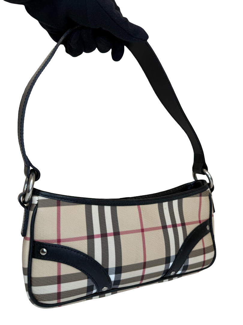 Burberry Black/Beige House Check PVC and Leather Pochette Bag