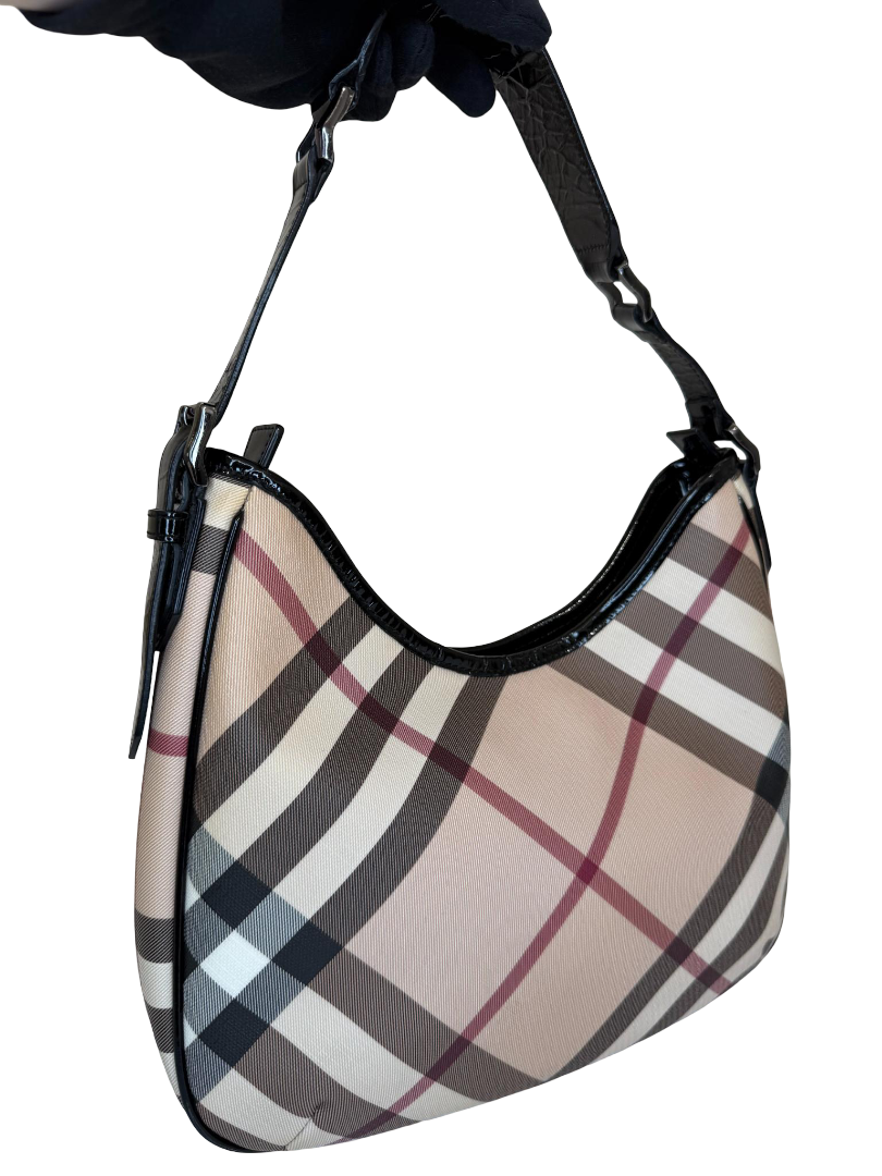 Burberry Beige/Black Nova Check PVC and Patent Leather Barton Hobo