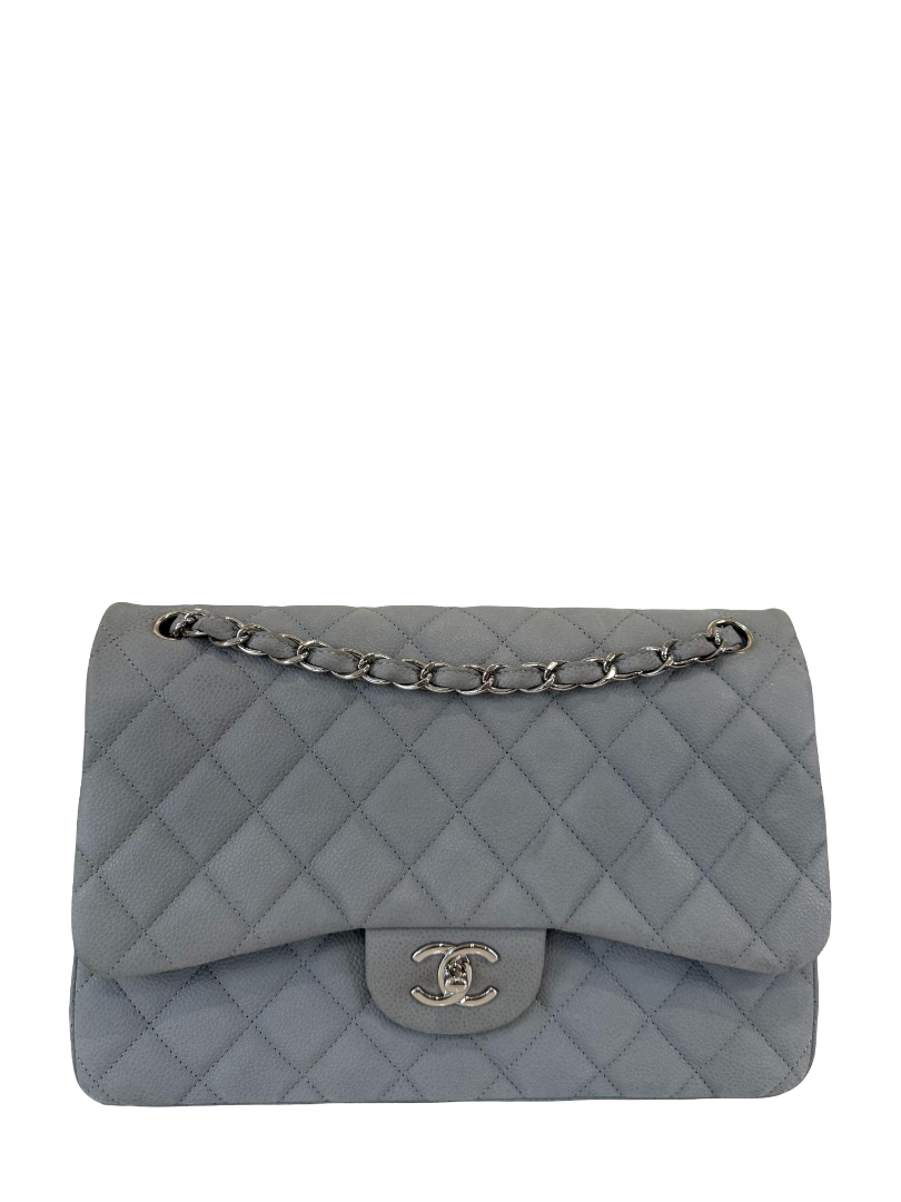 Chanel Classic Jumbo Light Grey Quilted Nubuk Double Flap Bag