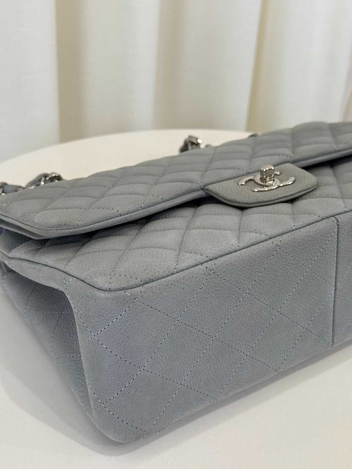 Chanel Classic Jumbo Light Grey Quilted Nubuk Double Flap Bag
