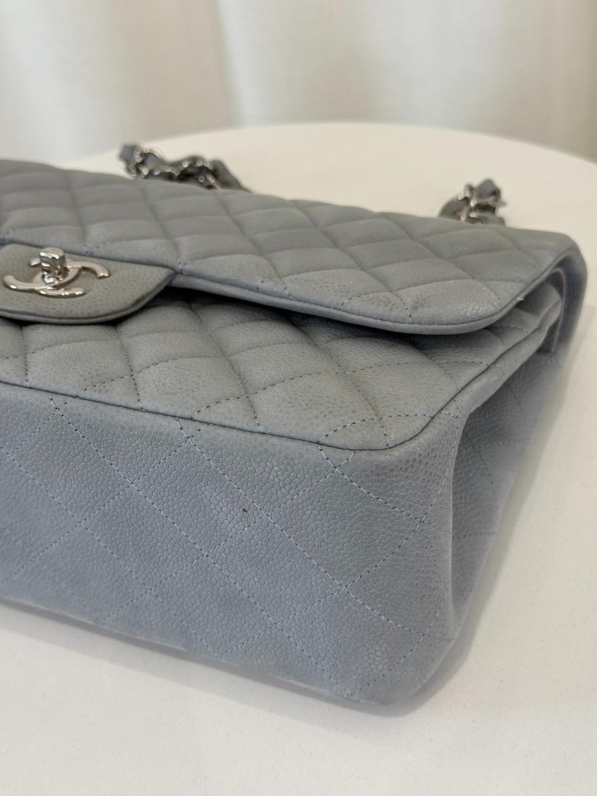 Chanel Classic Jumbo Light Grey Quilted Nubuk Double Flap Bag