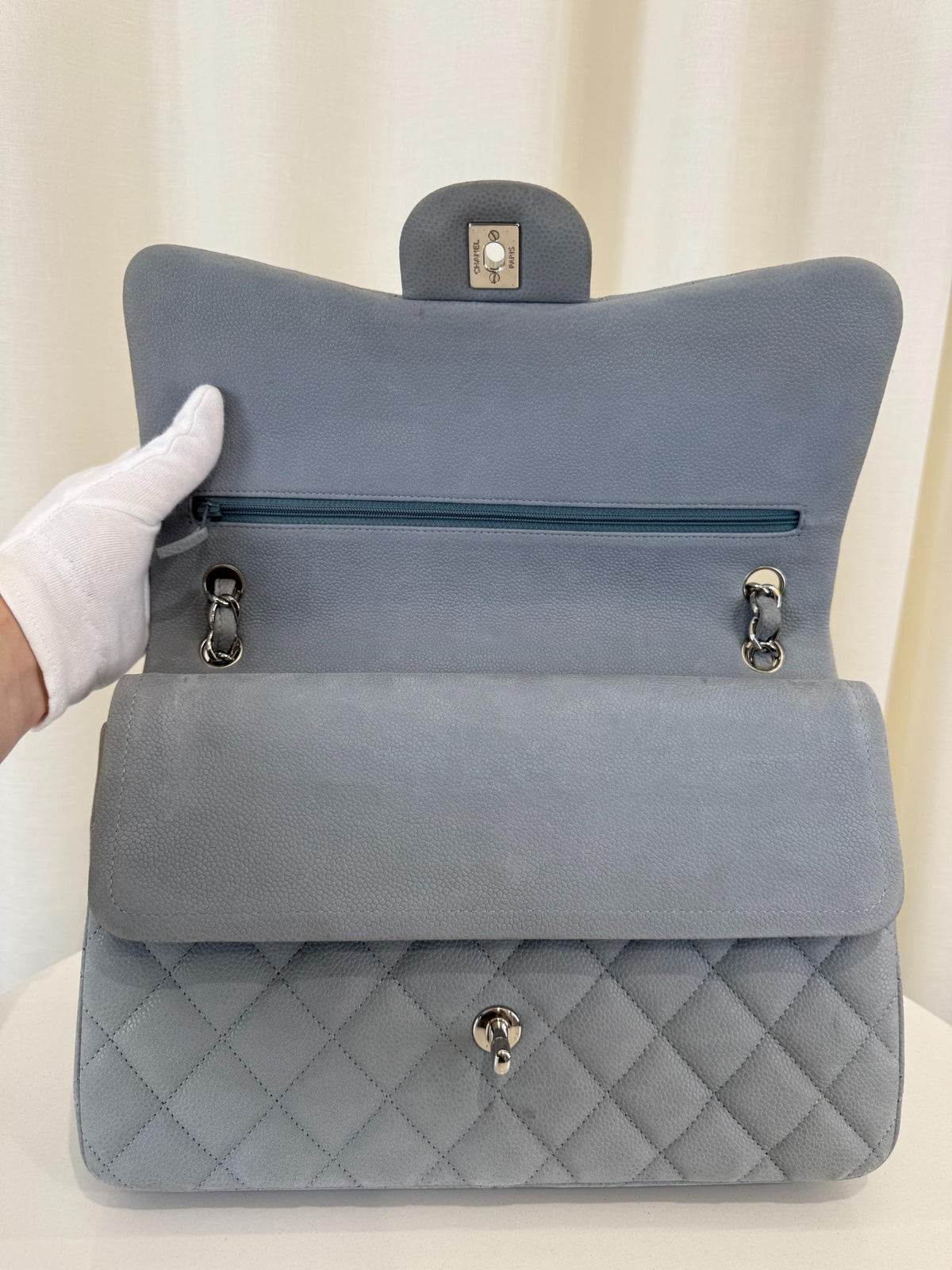 Chanel Classic Jumbo Light Grey Quilted Nubuk Double Flap Bag