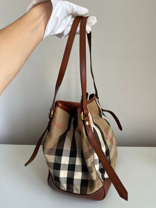Burberry Brown Leather Bridle House Check Canvas Canterbury Tote Bag