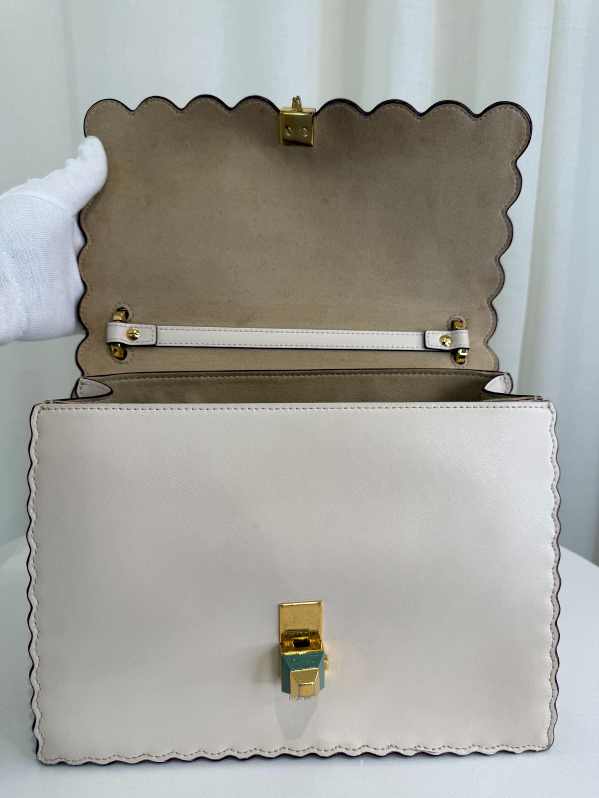 Fendi Beige Leather Small Scalloped Kan I Shoulder Bag