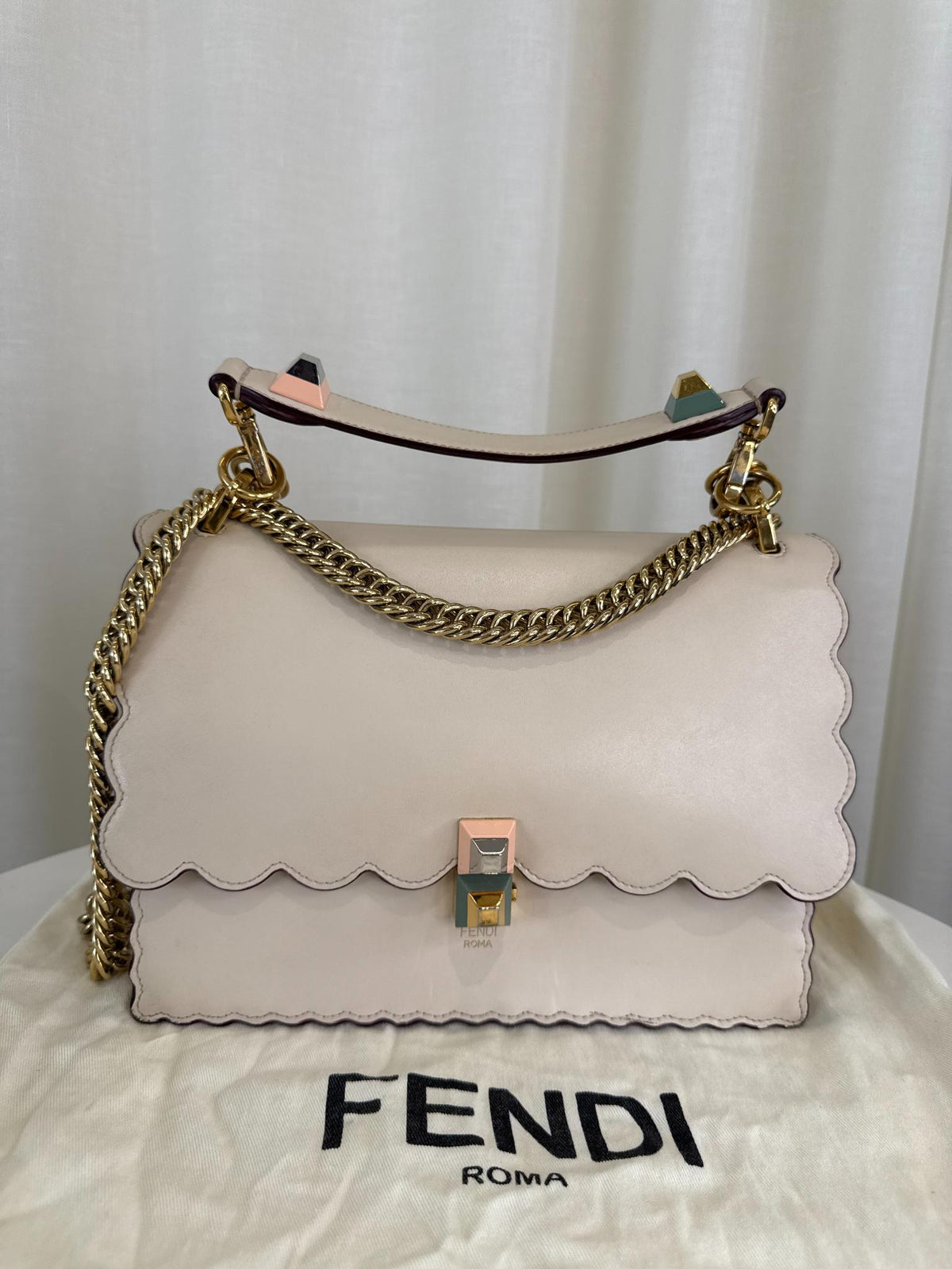 Fendi Beige Leather Small Scalloped Kan I Shoulder Bag