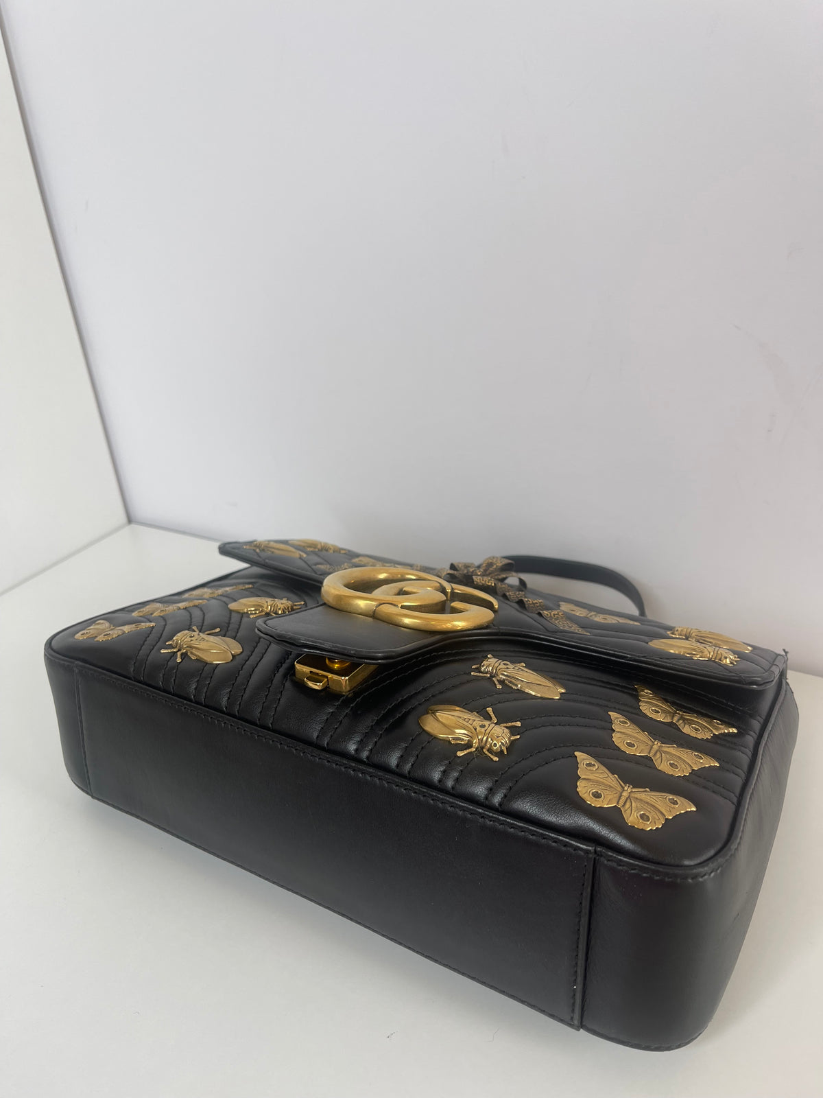 Gucci Calfskin Matelasse Animal Studs Medium GG Marmont Shoulder Bag Black