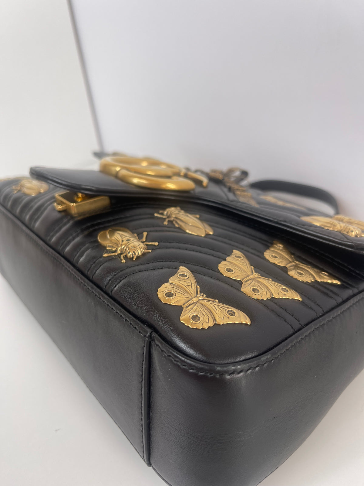 Gucci Calfskin Matelasse Animal Studs Medium GG Marmont Shoulder Bag Black