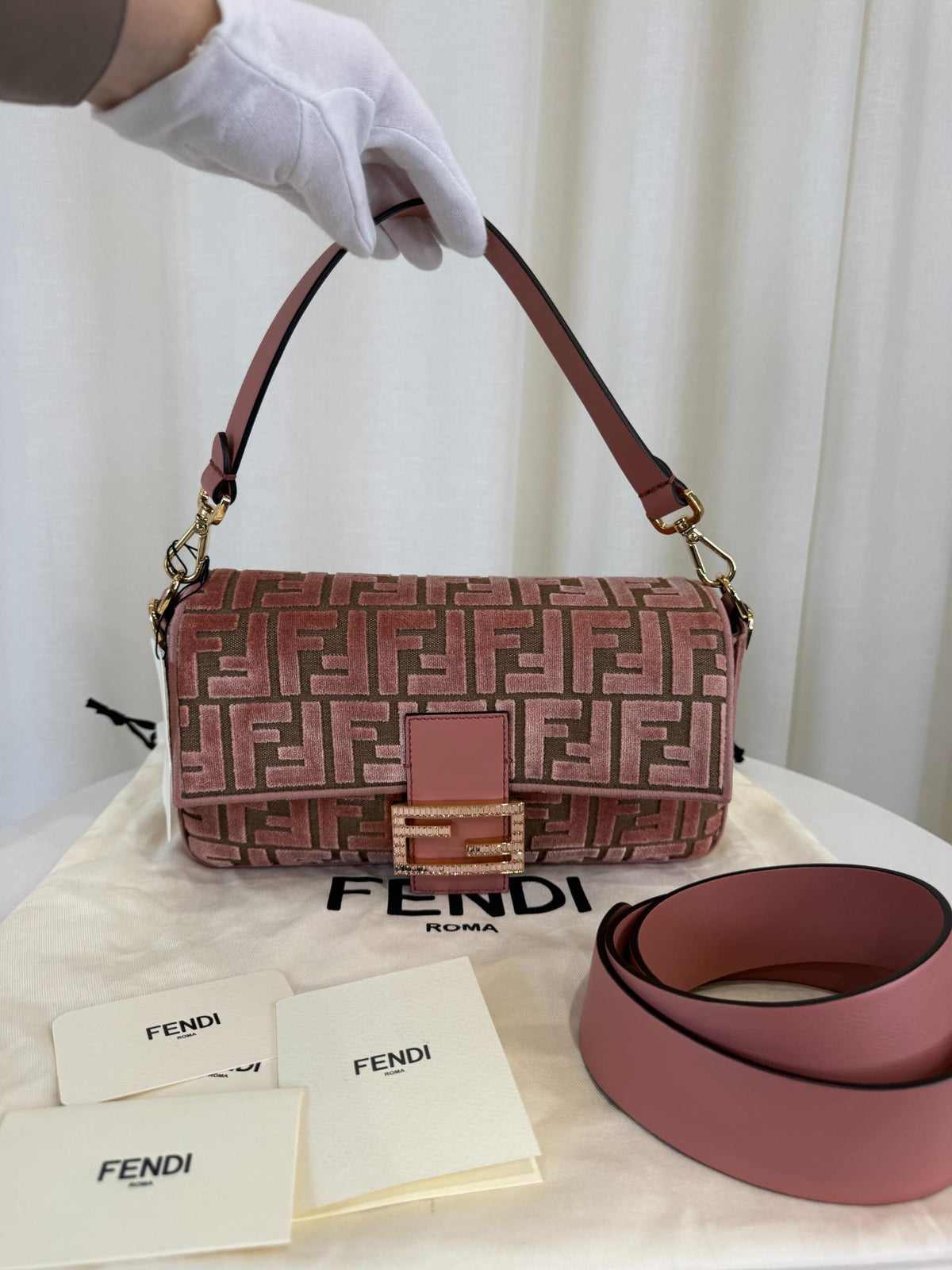 Fendi Velvet Jacquard Crystal FF Baguette Macaron