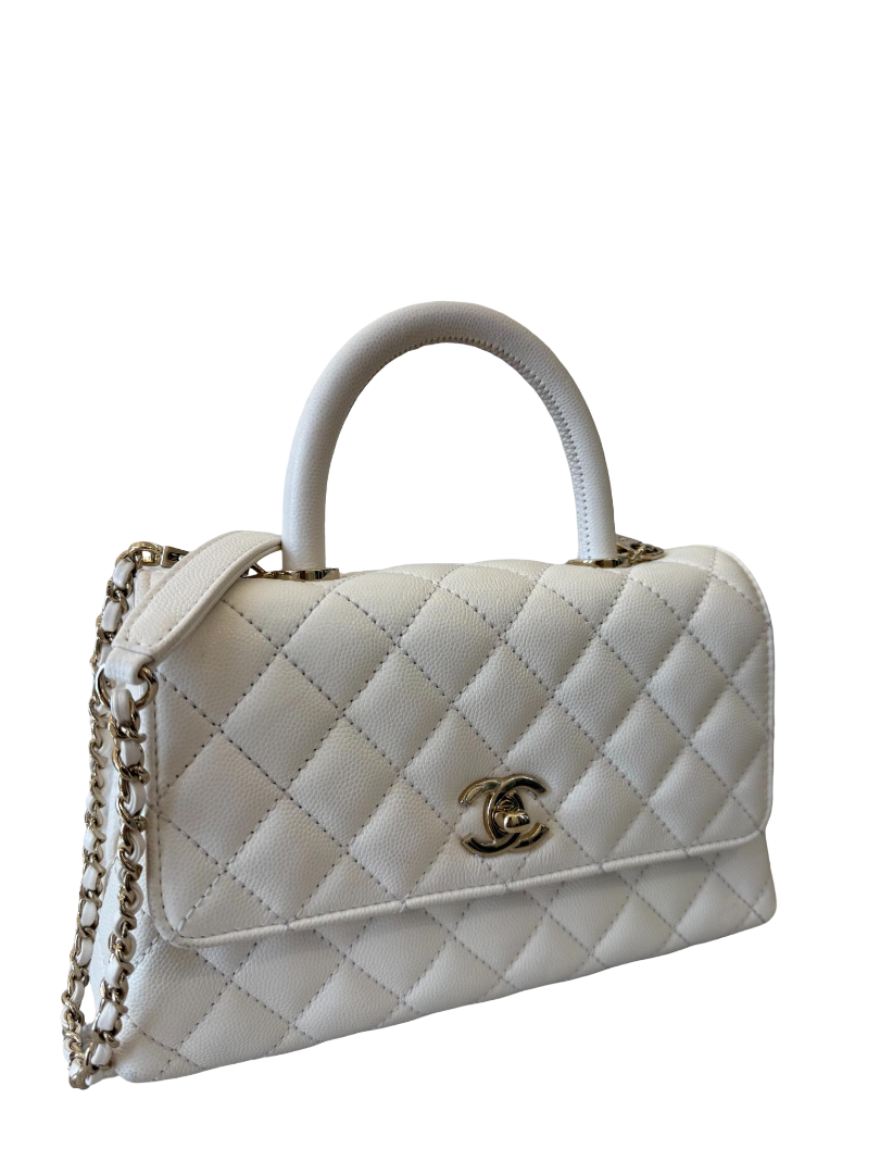 Chanel Small Coco Handle White Caviar Quilted Flap Bag