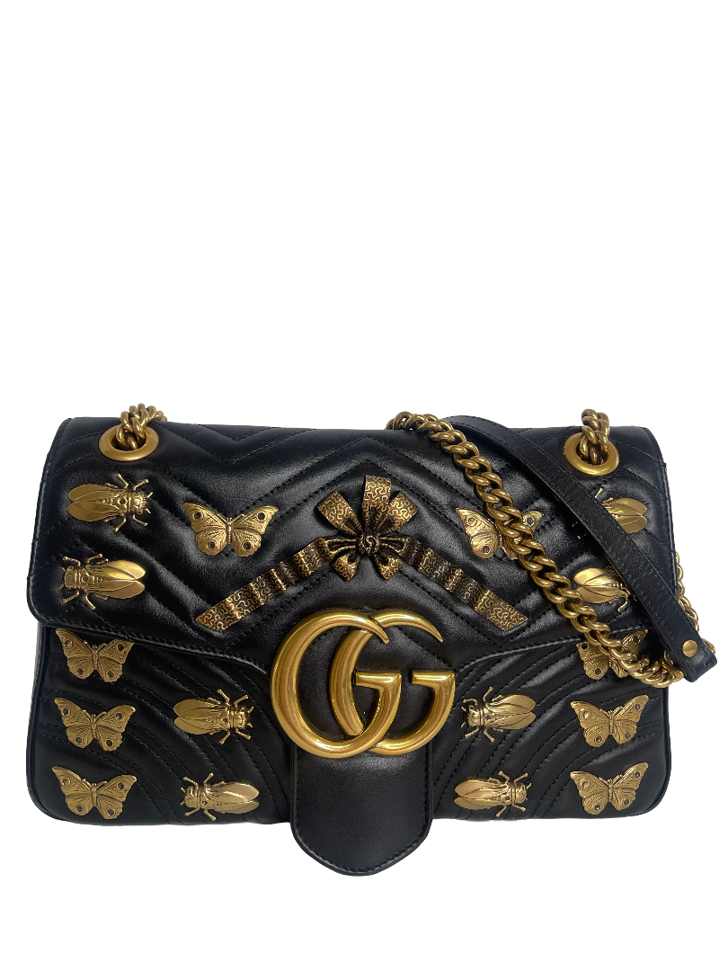 Gucci Calfskin Matelasse Animal Studs Medium GG Marmont Shoulder Bag Black