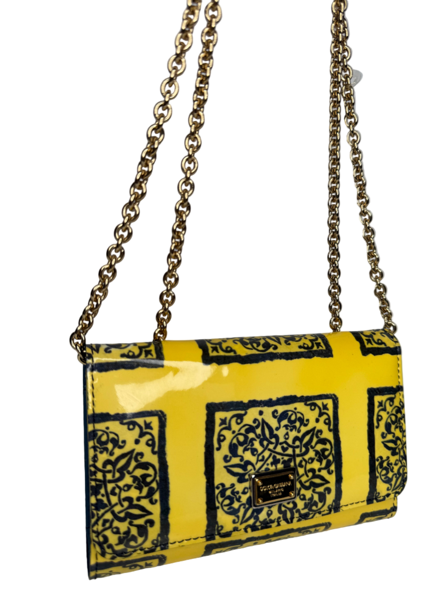Dolce Gabbana Yellow Majolica Print Leather Mini Sicily Wallet on Chain