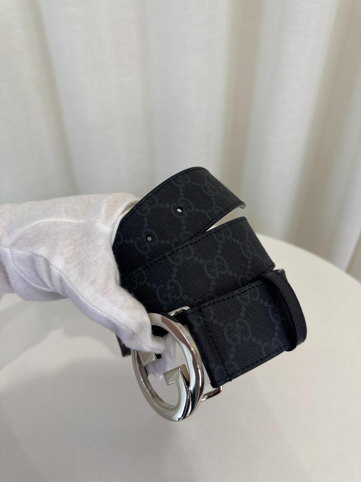 Gucci Black/Grey GG Supreme Coated Canvas Interlocking G Belt