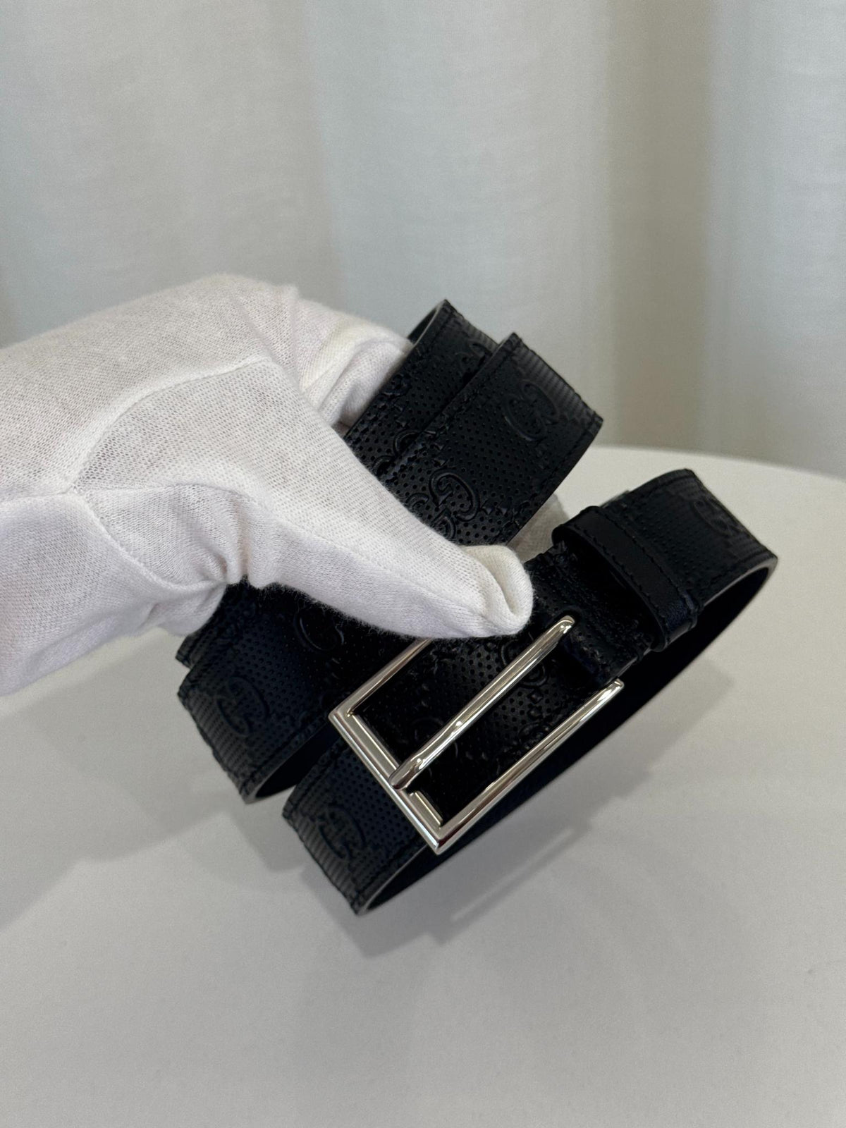 Gucci Piuma Calfskin Jumbo GG Embossed Belt Black