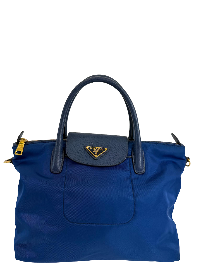 Prada Tessuto Saffiano and Leather 2Way Tote Bag Bluette
