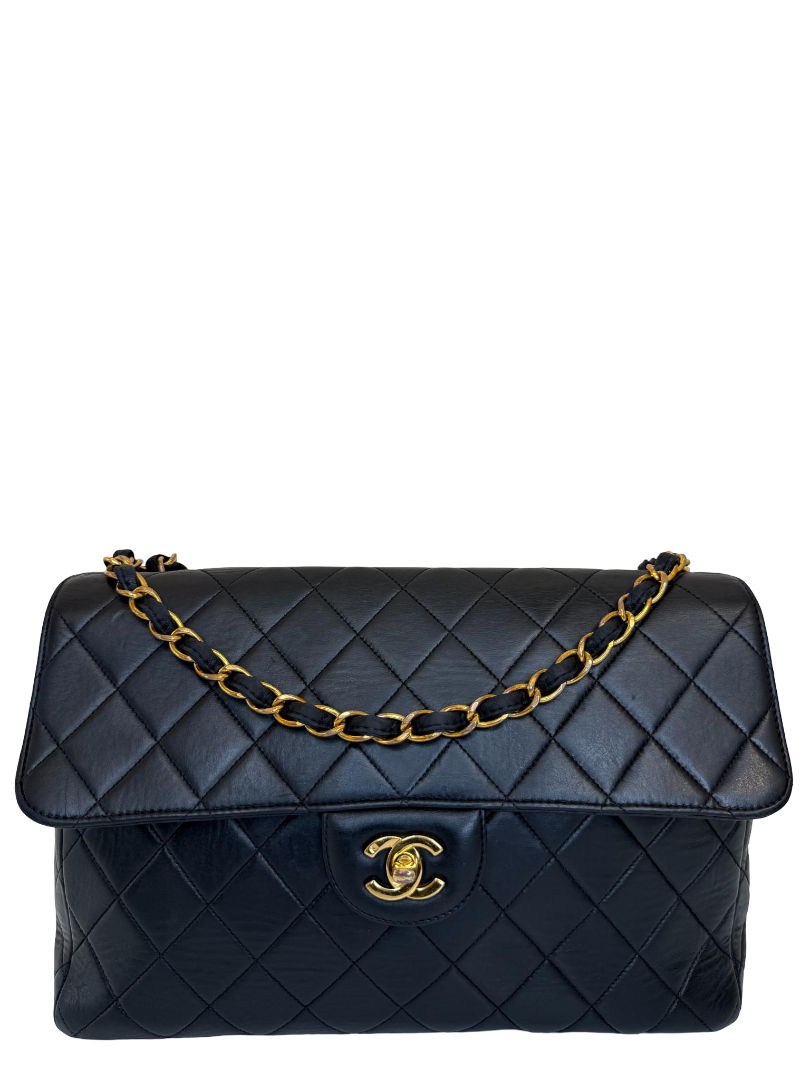 Chanel Vintage Black Jumbo Classic Flap Bag Lambskin Leather 24K Gold Hardware