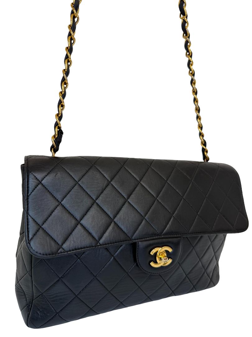 Chanel Vintage Black Jumbo Classic Flap Bag Lambskin Leather 24K Gold Hardware