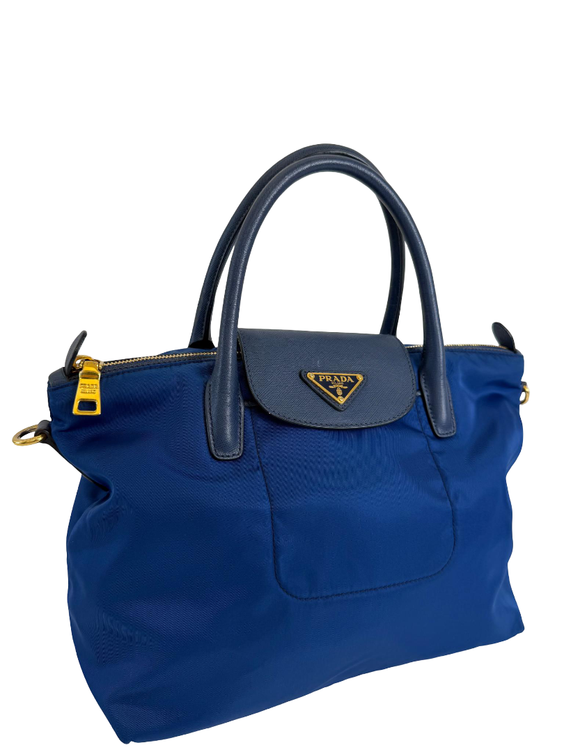 Prada Tessuto Saffiano and Leather 2Way Tote Bag Bluette