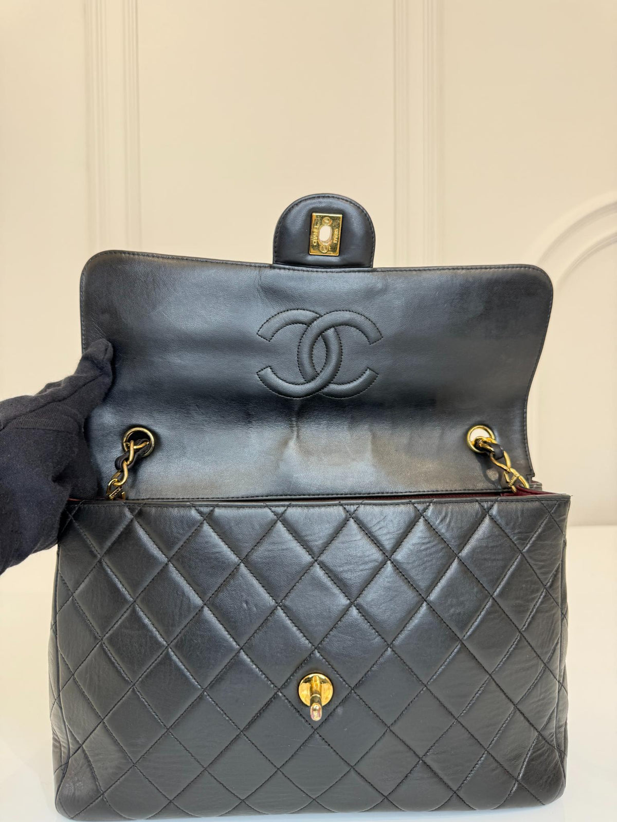 Chanel Vintage Black Jumbo Classic Flap Bag Lambskin Leather 24K Gold Hardware