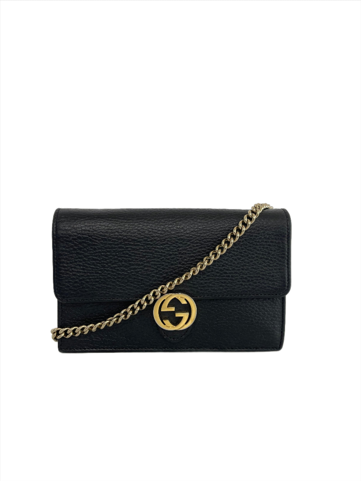 Gucci Black Leather Interlocking GG Wallet On Chain
