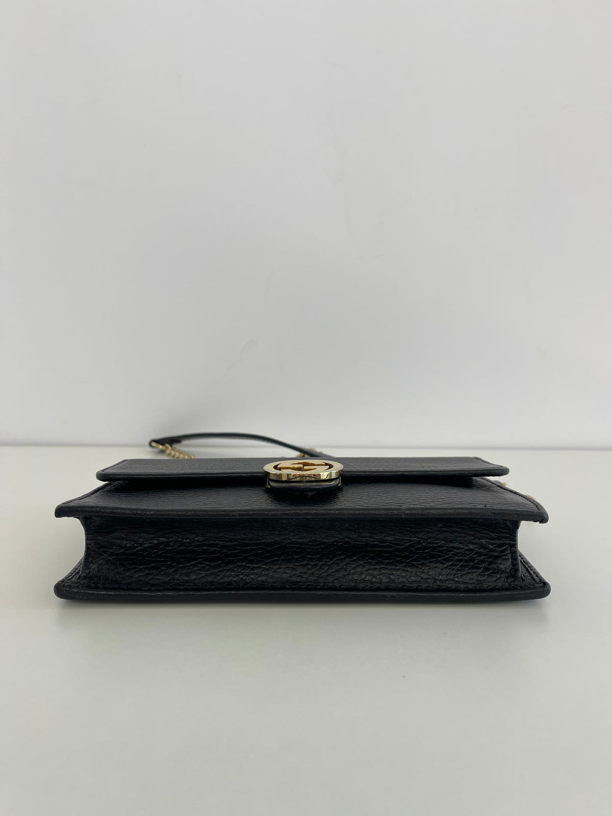 Gucci Black Leather Interlocking GG Wallet On Chain