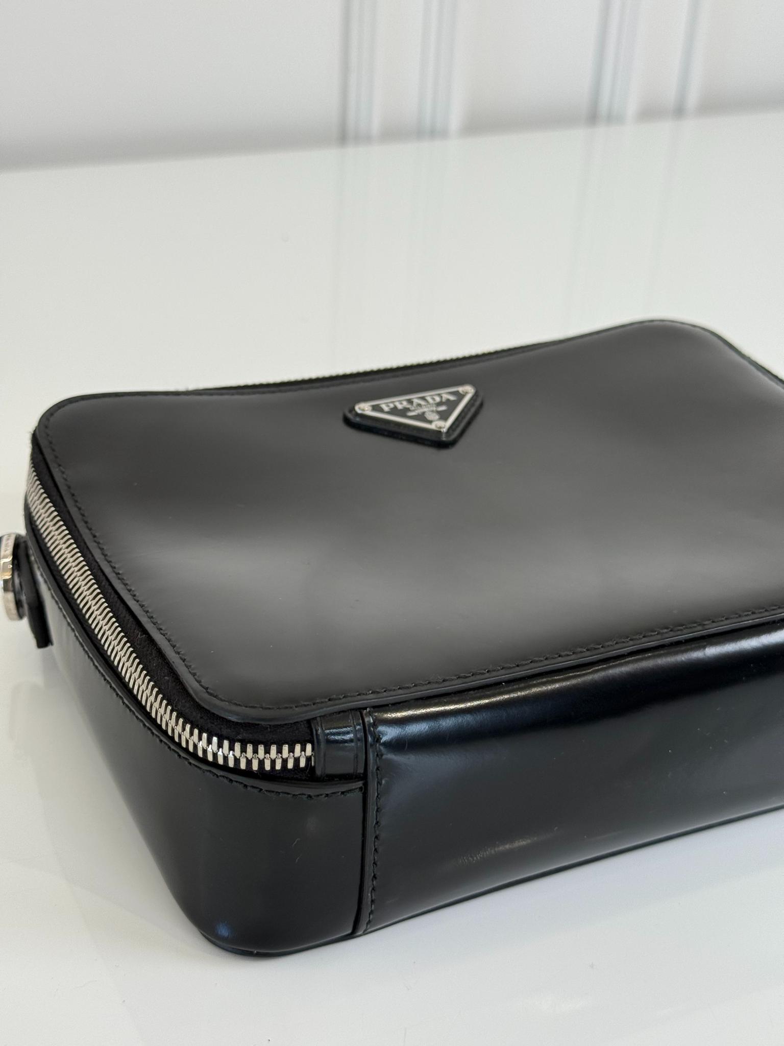 Prada Medium Black Brique Brushed Leather Top Handle Bag
