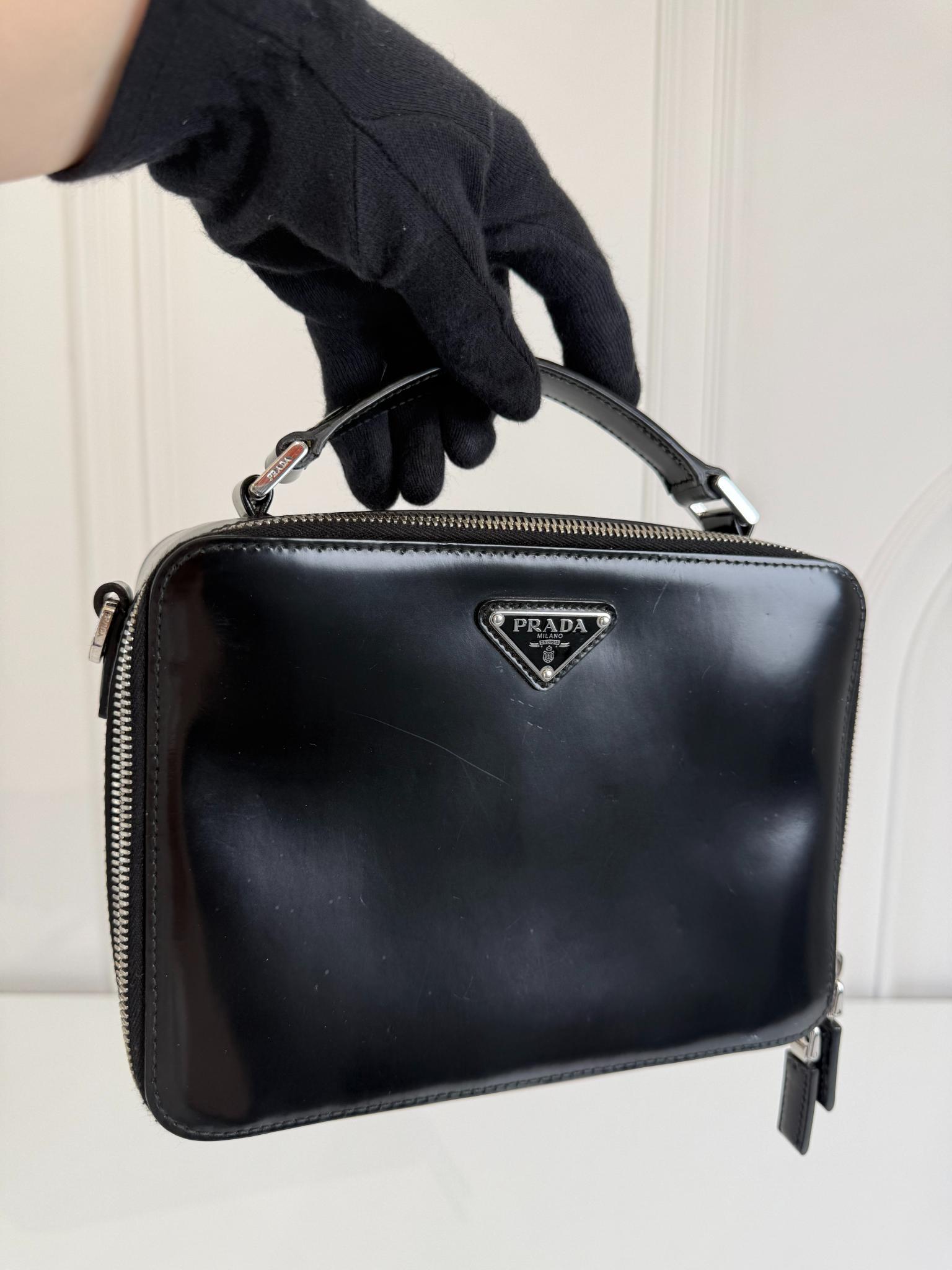 Prada Medium Black Brique Brushed Leather Top Handle Bag
