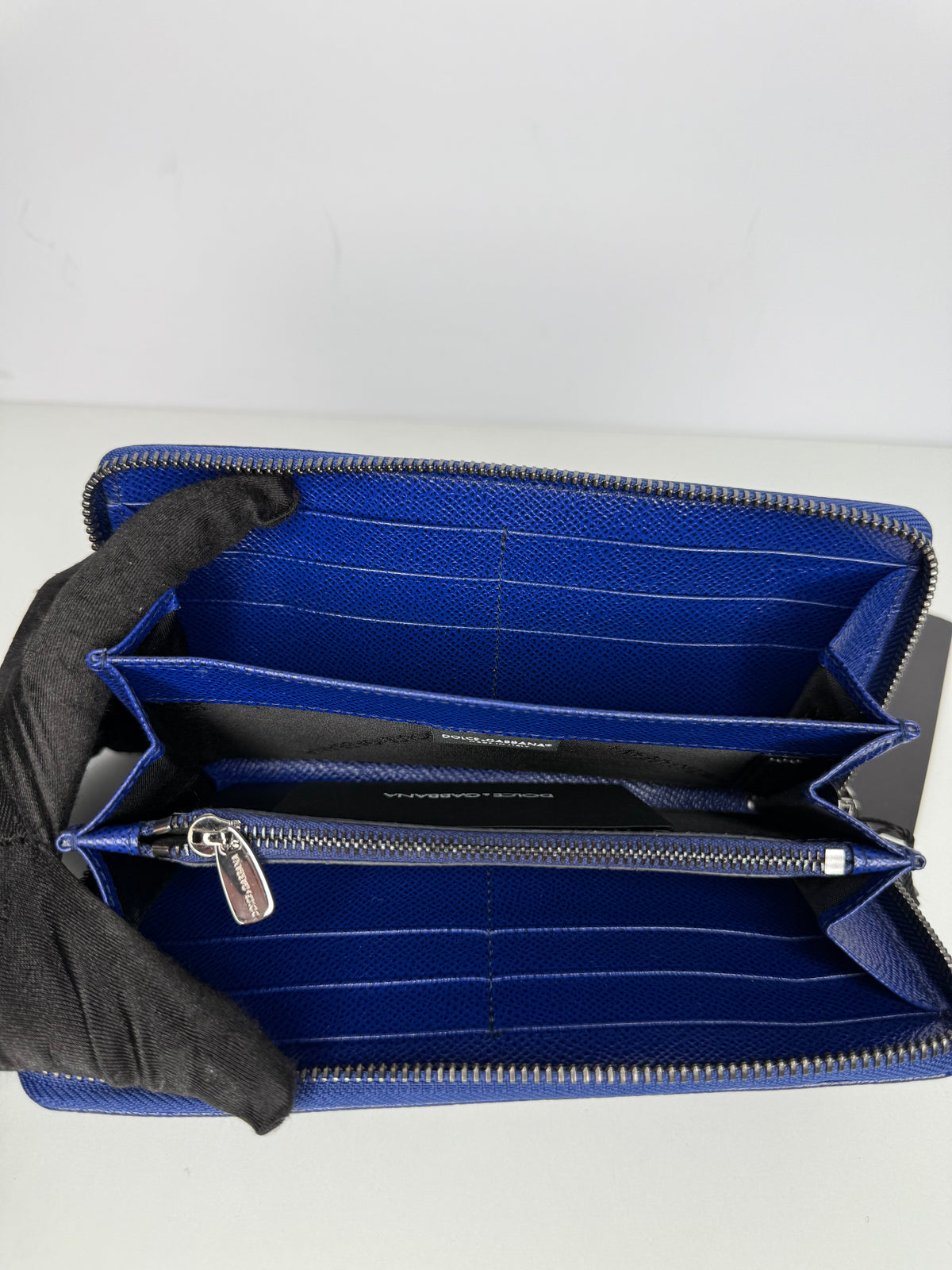 Dolce Gabbana Blue Dauphine Leather Zip Around Wallet