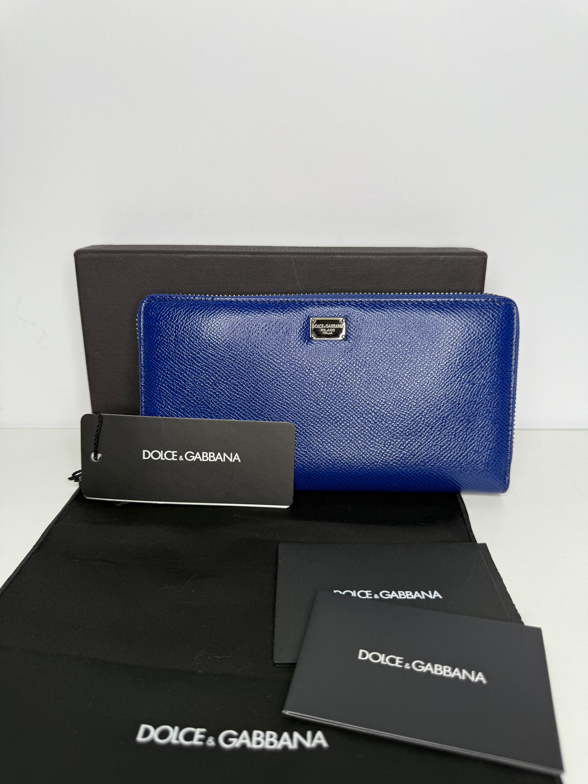 Dolce Gabbana Blue Dauphine Leather Zip Around Wallet