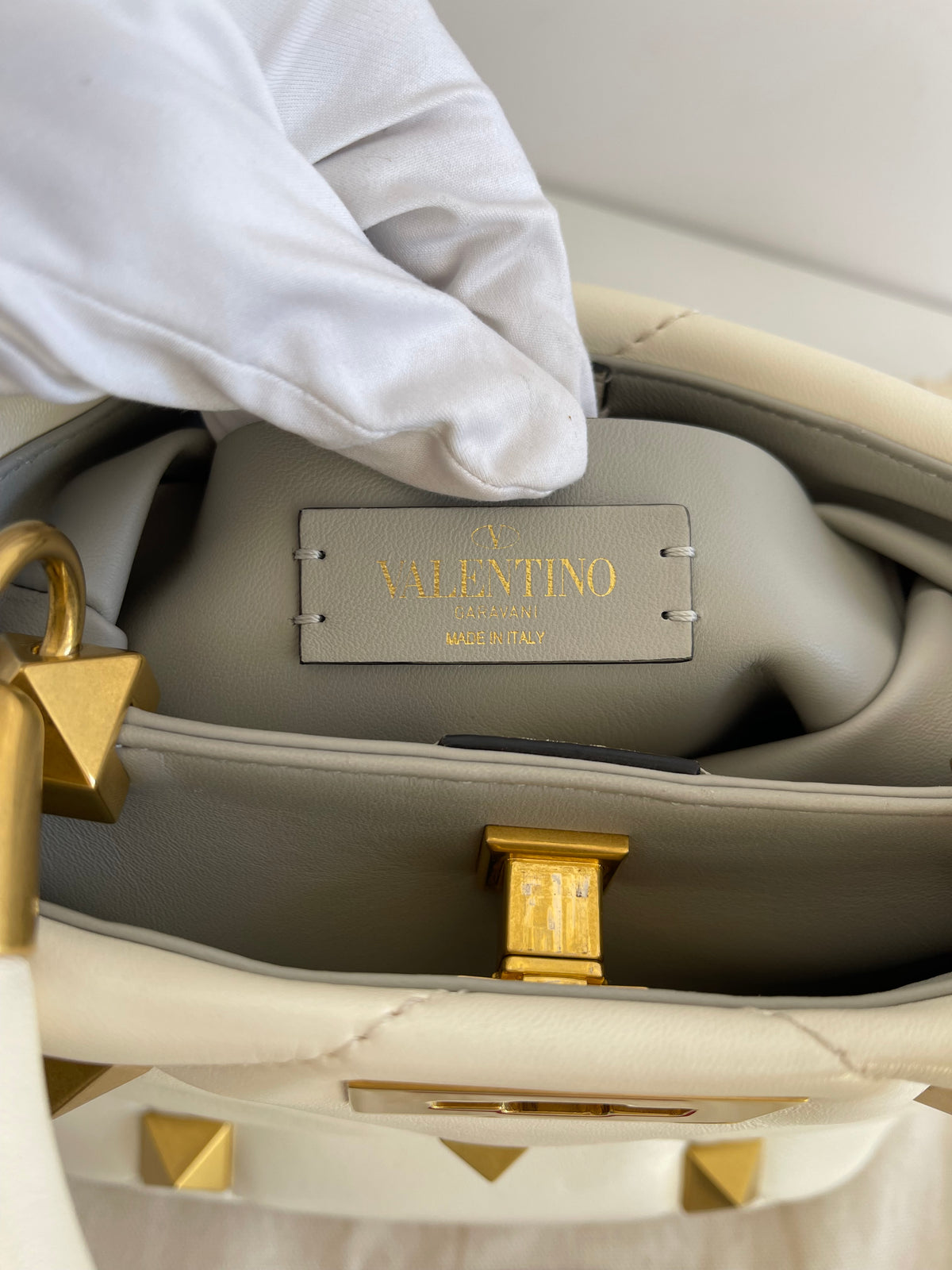 Valentino Garavani Small Roman Stud Off White Leather Bag