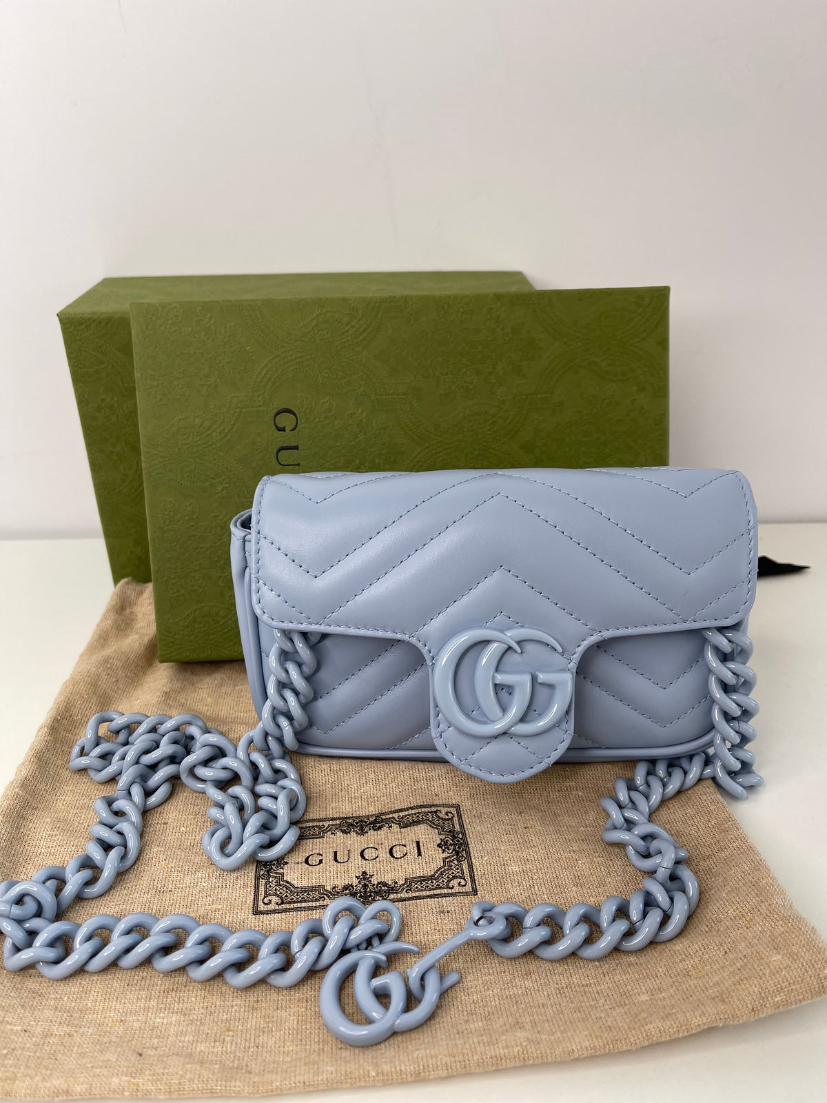 Gucci Calfskin Matelasse Monochrome GG Marmont Chain Bag Porcelain Light Blue