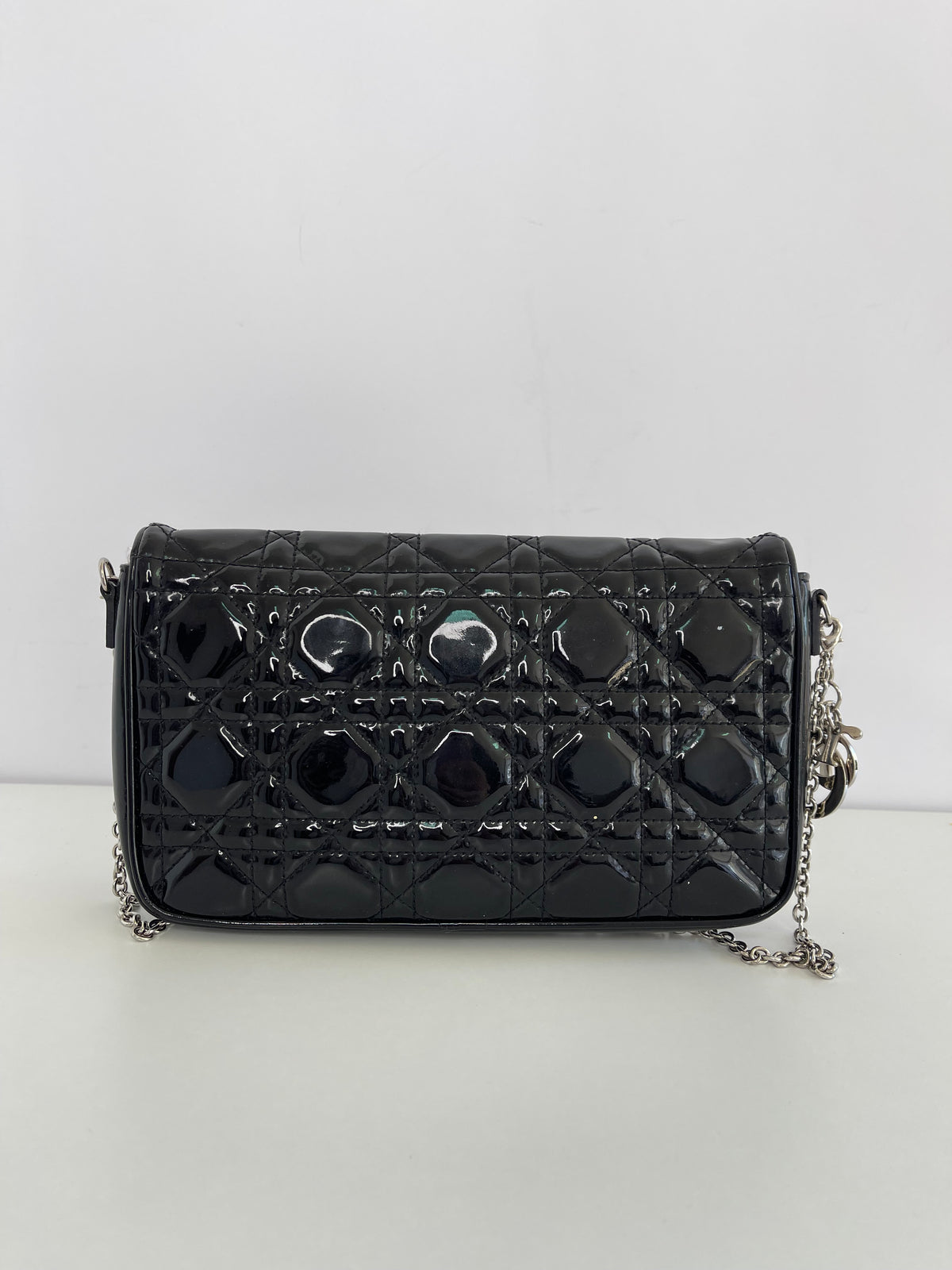 Christian Dior Cannage Wallet on Chain Black Patent Leather