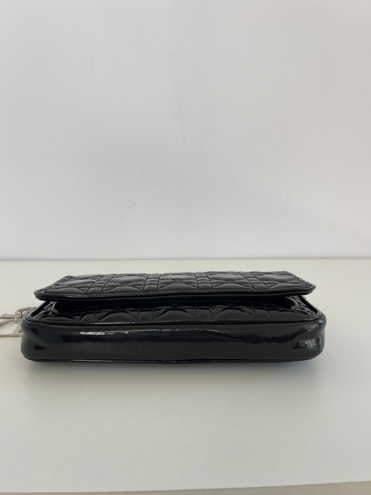 Christian Dior Cannage Wallet on Chain Black Patent Leather